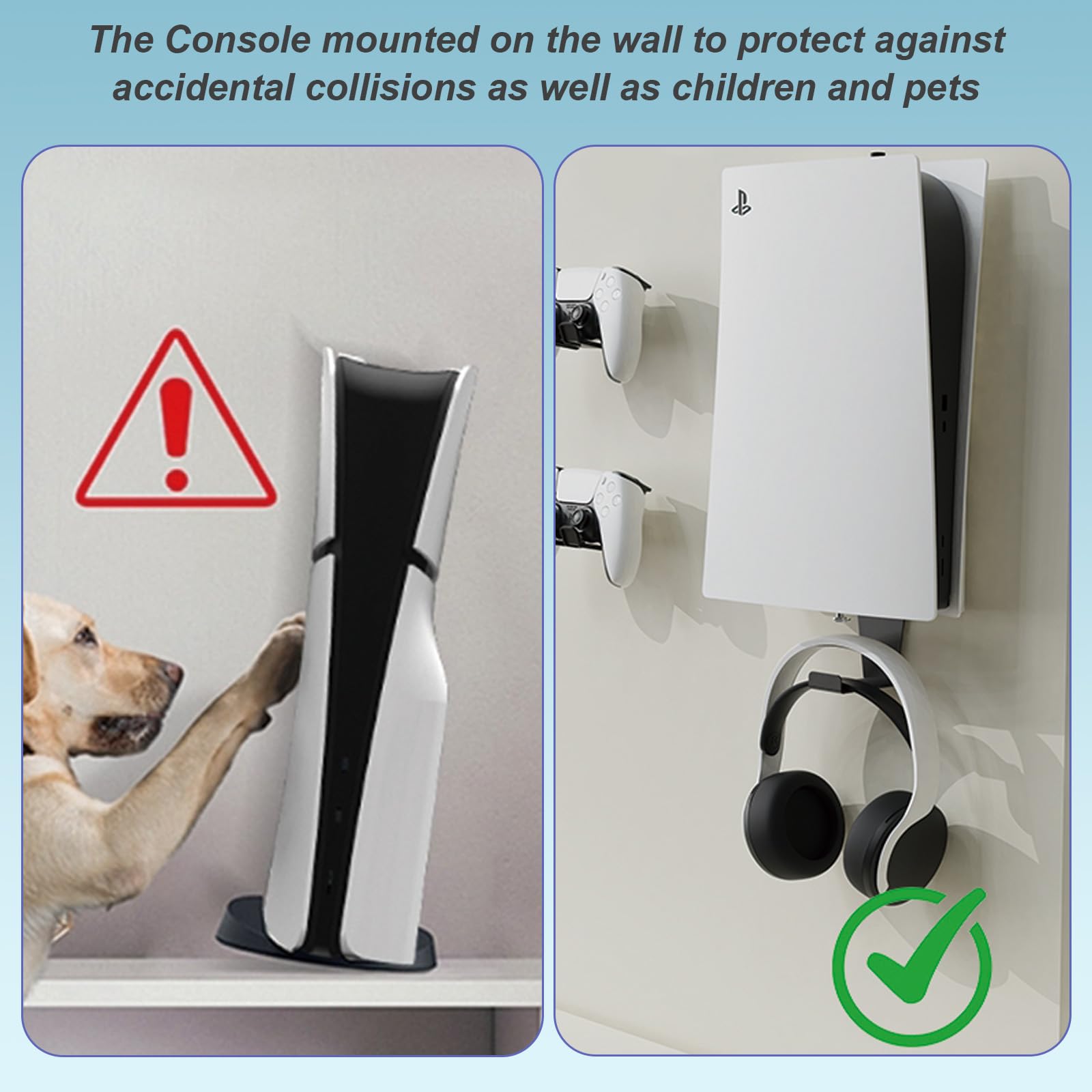 meiboshin PS5 Wall Mount, Heavy-Duty Steel Mount Kit for Protection & Cooling with 2 Controller Holder and Headset Holder,Compatible with All PS5 Models Including Slim, Pro, Original. (Black) - 5