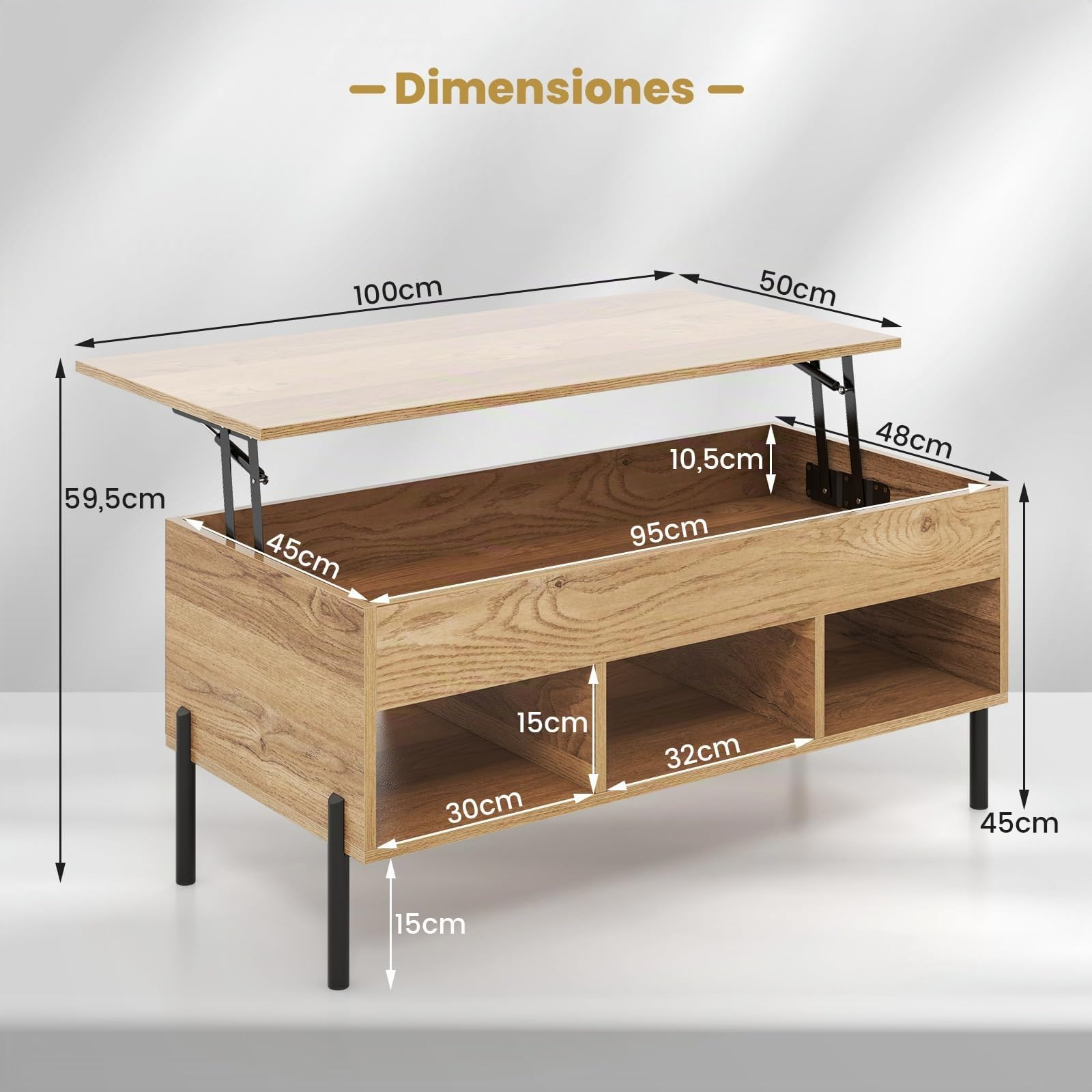 GIANTEX Mesa de Centro con Tablero Elevable y Patas de Metal, Mesa de Café con Compartimento de Almacenamiento Oculto y 3 Cubos Abiertos, Mesita Multifuncional para Salón, Oficina (Natural)
