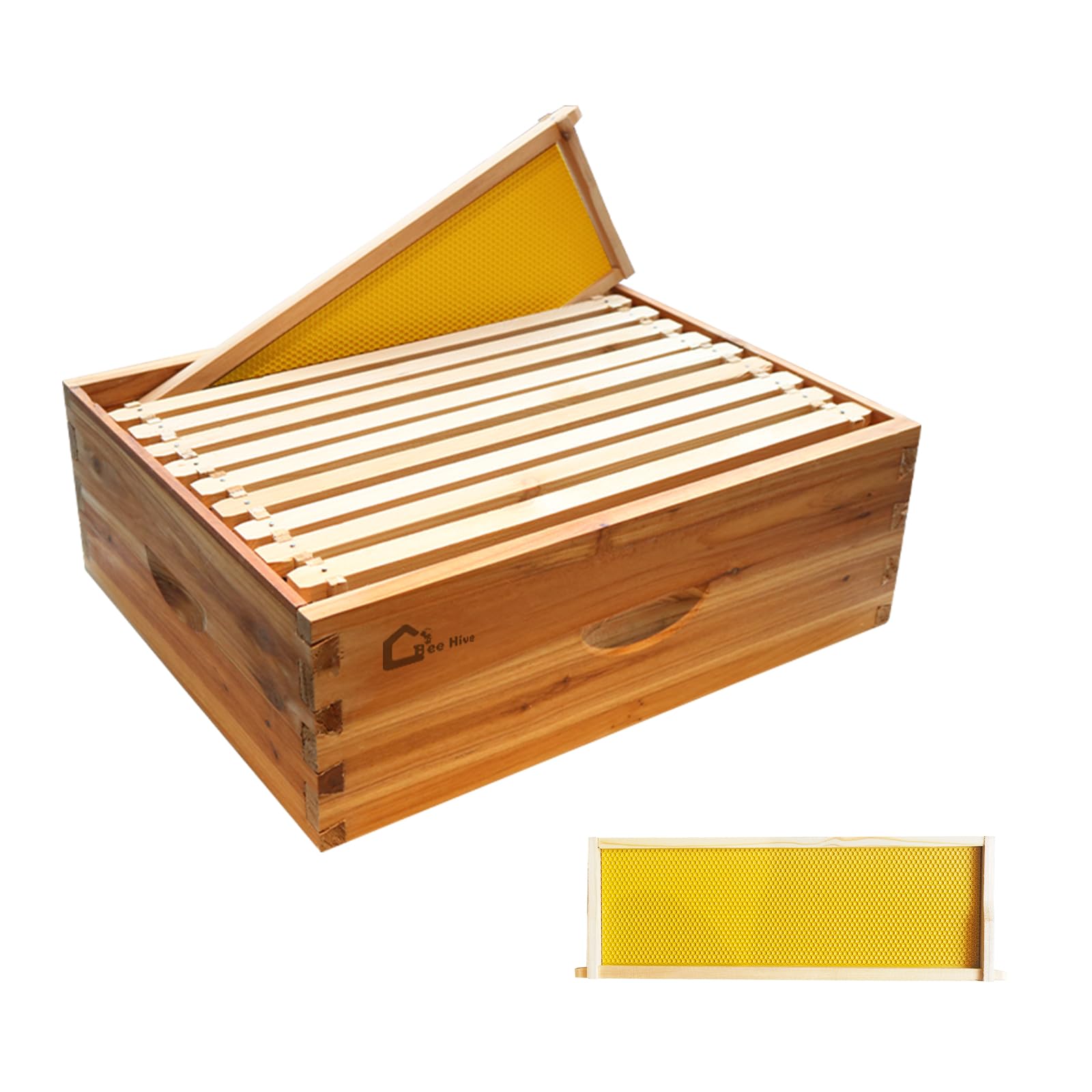Kit de démarrage de ruche, boîte à essaim avec 10 rayons moyens, ruche en bois massif avec cadre en bois et fondation cirée, boîte de ruche durable, fournitures d'apiculture, maison d'abeilles 100