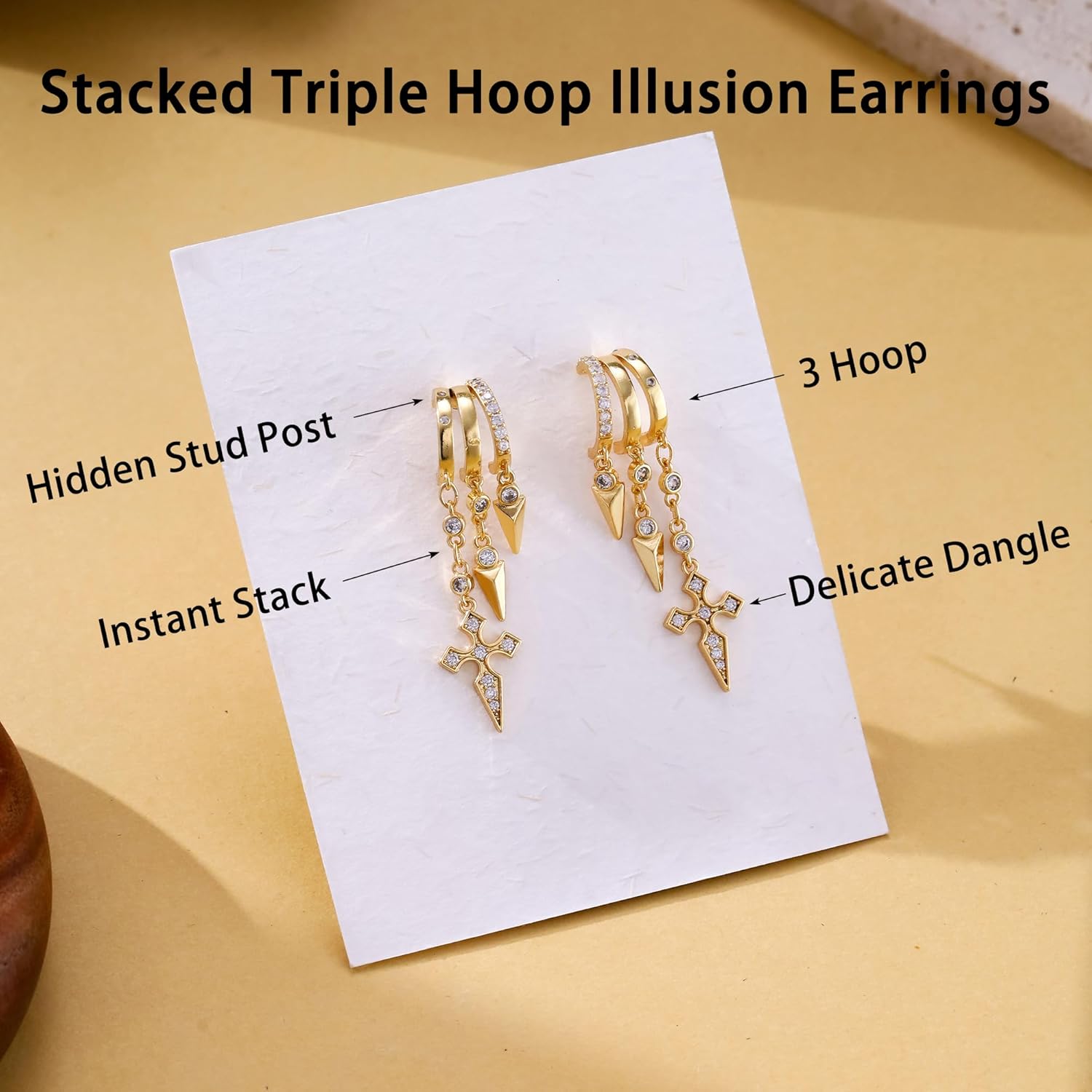 Gold Dangle Earrings for Women, 14k Gold Plated Stacked Triple Hoop Illusion Earrings Cubic Zirconia Huggie Earrings for Women Trendy - Image 6