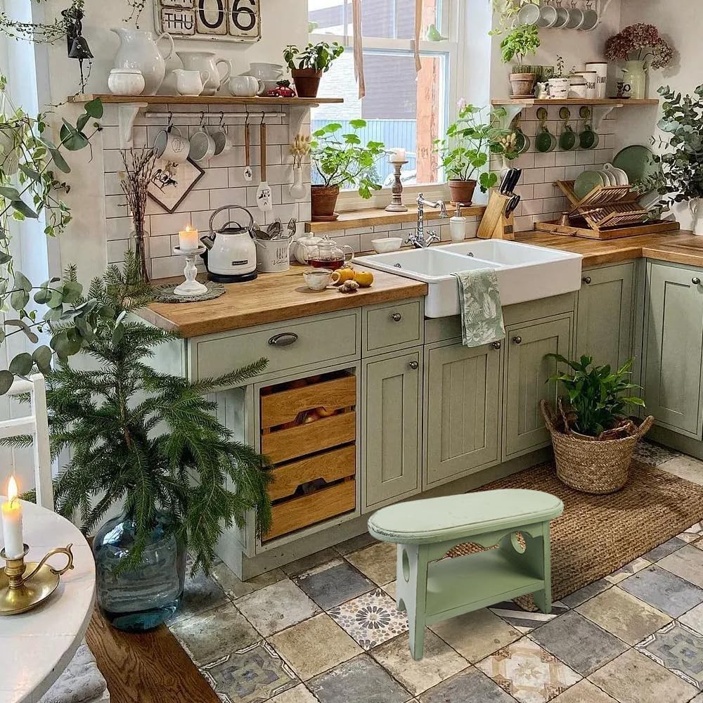 TentHome Panca in Legno Vintage, Poggiapiedi Rustico per Bambini, Sgabello Shabby per Fiori per Piante, Sgabello Ovale Per Bambini, Perfetto per Cameretta, Giardino e Cucina (Verde)