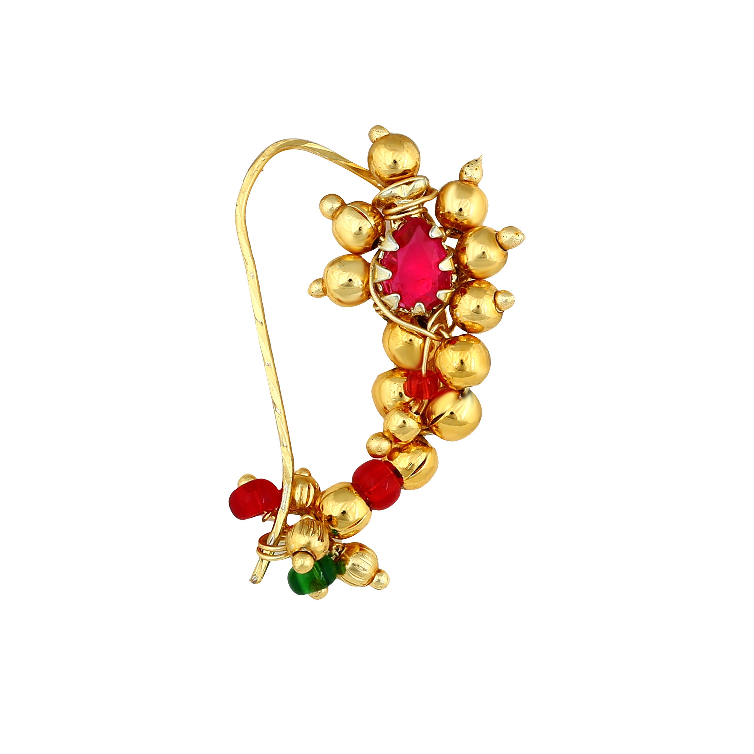 Jewellery Traditional Maharashtrian Nath Nose Rings White Ruby Gold Stone Nath Gold Pearl Bead for Women Girl- Nose Ring-115-image-25