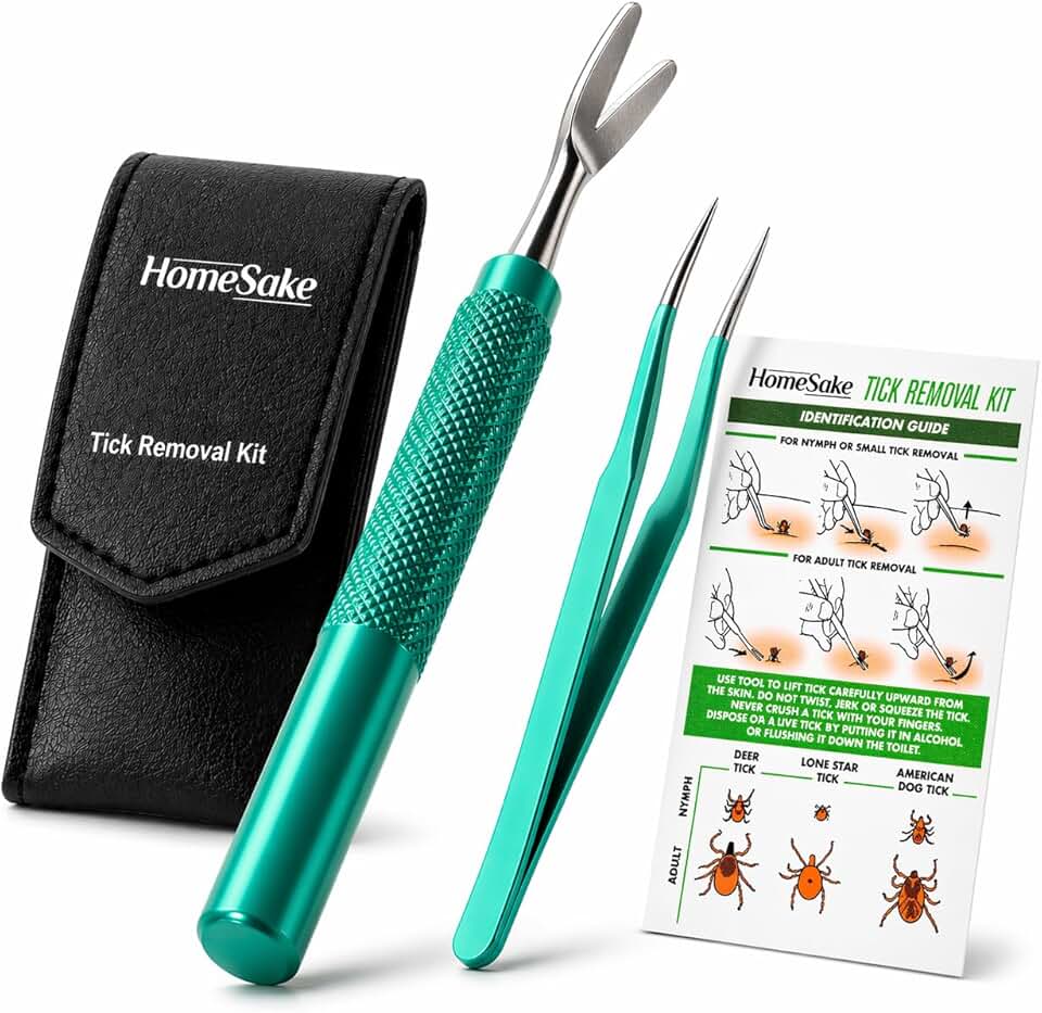 Homesake Tick Remover Tool for Dogs, Cats & Humans, Stainless Steel Tick Removal Tool with Fine Tip Tweezers, Pouch & ID Card