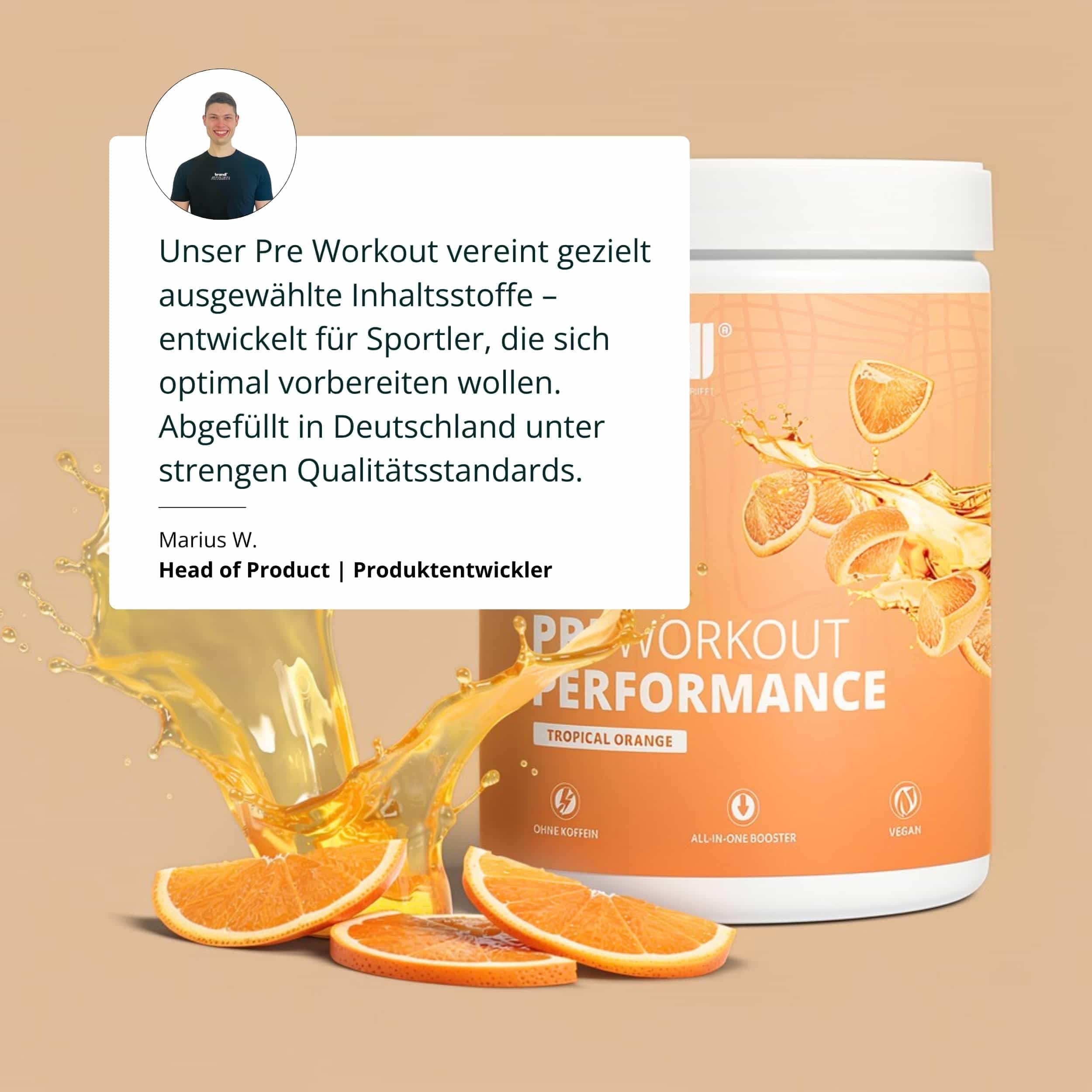 Pre Workout Booster/Shake, Vitamin B6, l-Citrullin, Arginin & DL-Malat, für Gym, Workout und Performance, flavour pulver tropical orange, unabhängig laborgeprüft – Stufe 1 – XL 500g ohne Koffein