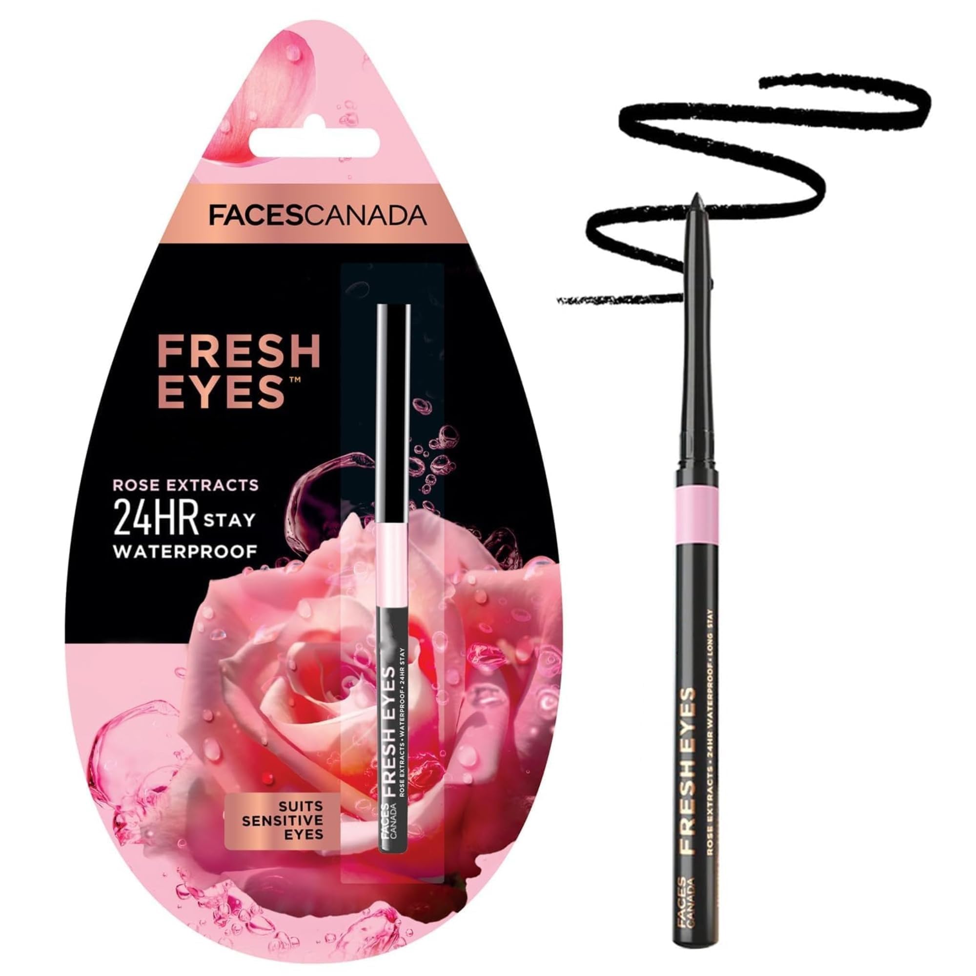 FACESCANADAEyeliner Pencil | 24HR Long-Lasting, Smudge-Proof & Waterproof | Enriched with Rose Extract Black | Creamy Retractable Eyeliner | Lightweight & Smooth Application | 0.01 Oz (0.35g)