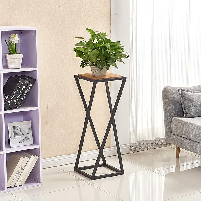 ZHEN GUO Industrial Metal and Wood Corner Single Plant Stand, Black Steel Bracket with Wooden Pot Shelf Holder, Table Lamp Stand (Size : Height 60cm)