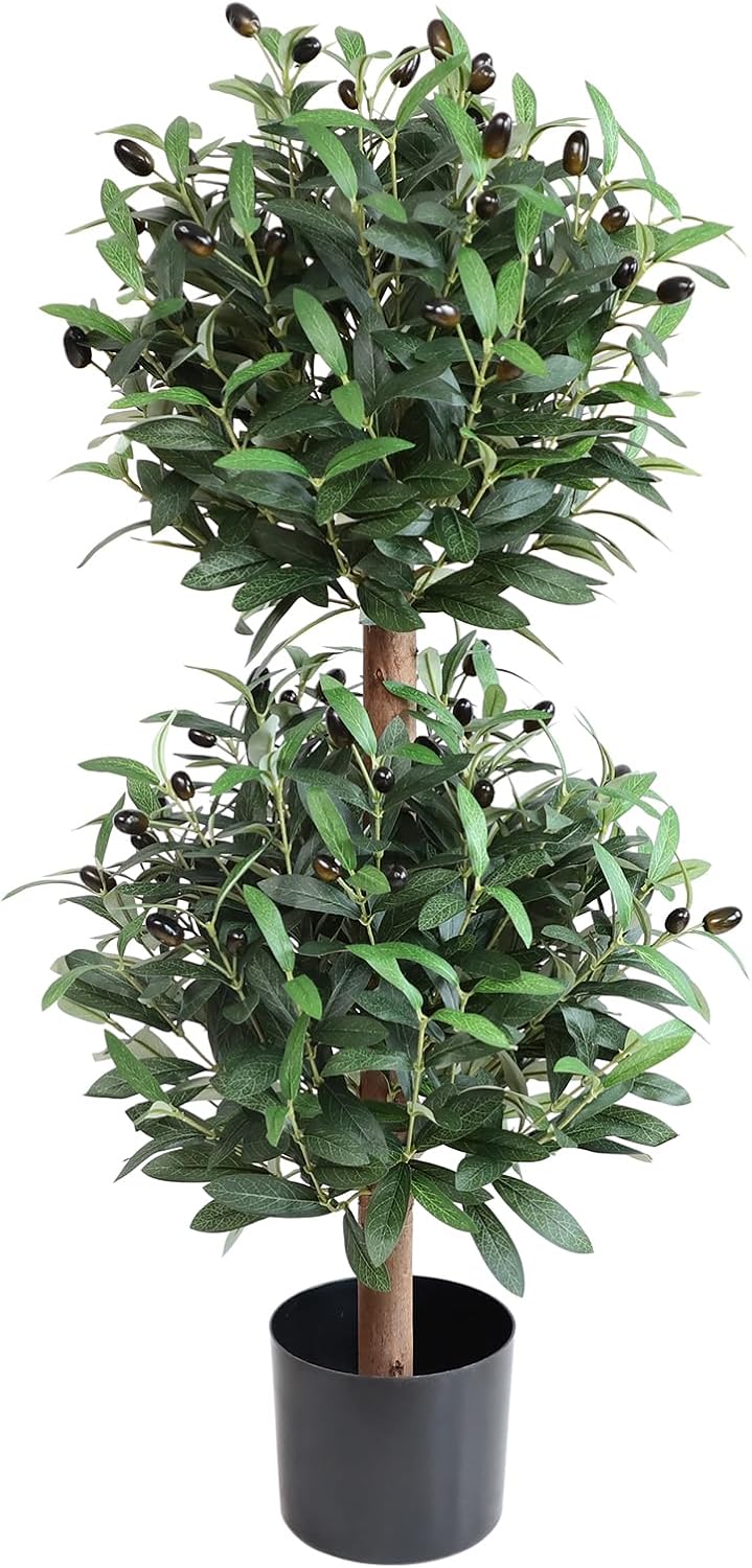 Artificial Olive Double Ball Topiary Trees, 3FT Faux Olive Topiary Tree, 35 Inch Fake Potted Plants for Indoor Porch Decor