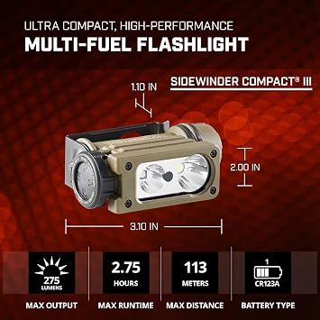 Streamlight 14519 Sidewinder Compact III 275-Lumen 3200-Candela User Configurable Model Hands-Free Angle Head Flashlight with E-Mount and White, Blue, Green, Red LEDs, and IR, Coyote
