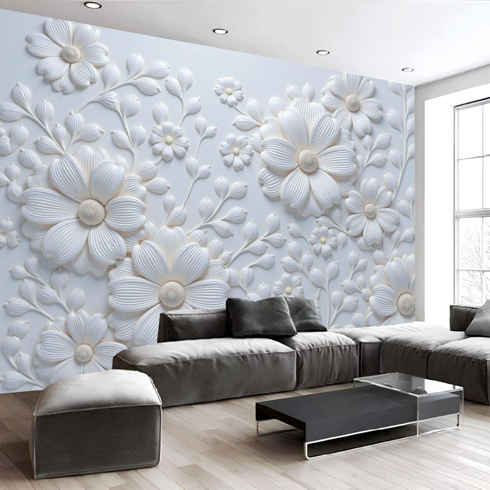 Papier peint floral en relief intissé décoration murale salon