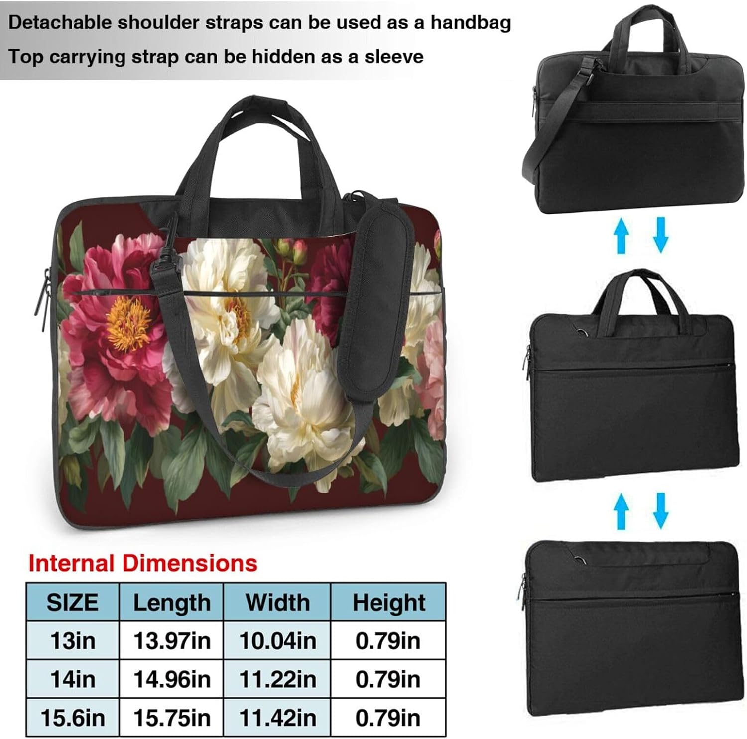 Pink White Burgundy Peonies And Green Leaves Laptop Bag image 4