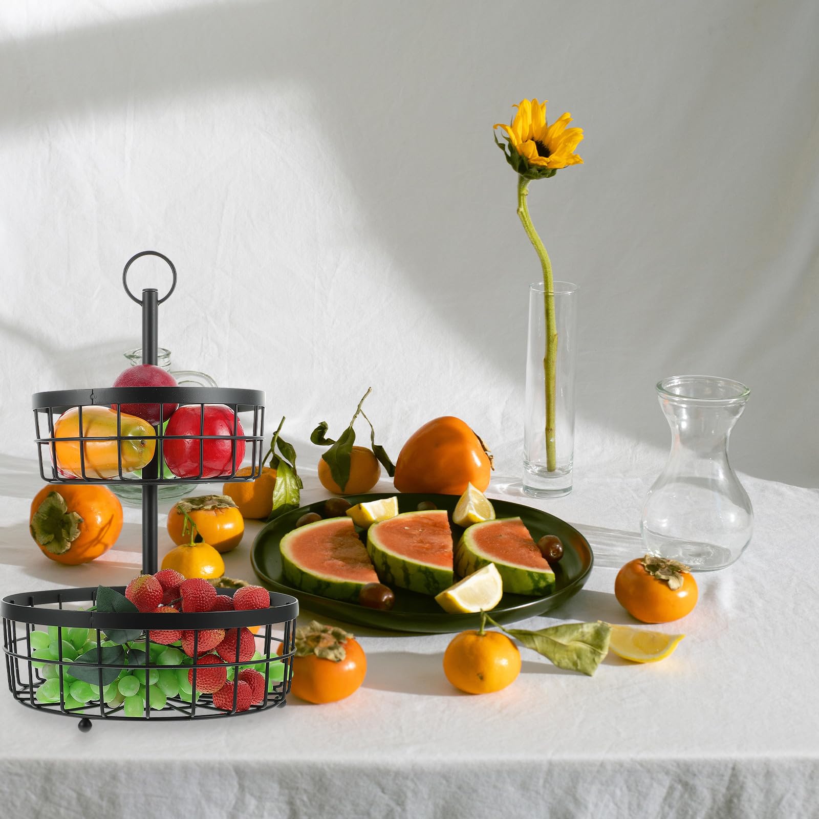 Cesto Frutta Cucina a Due Livelli in Ferro Nero per Tavolo