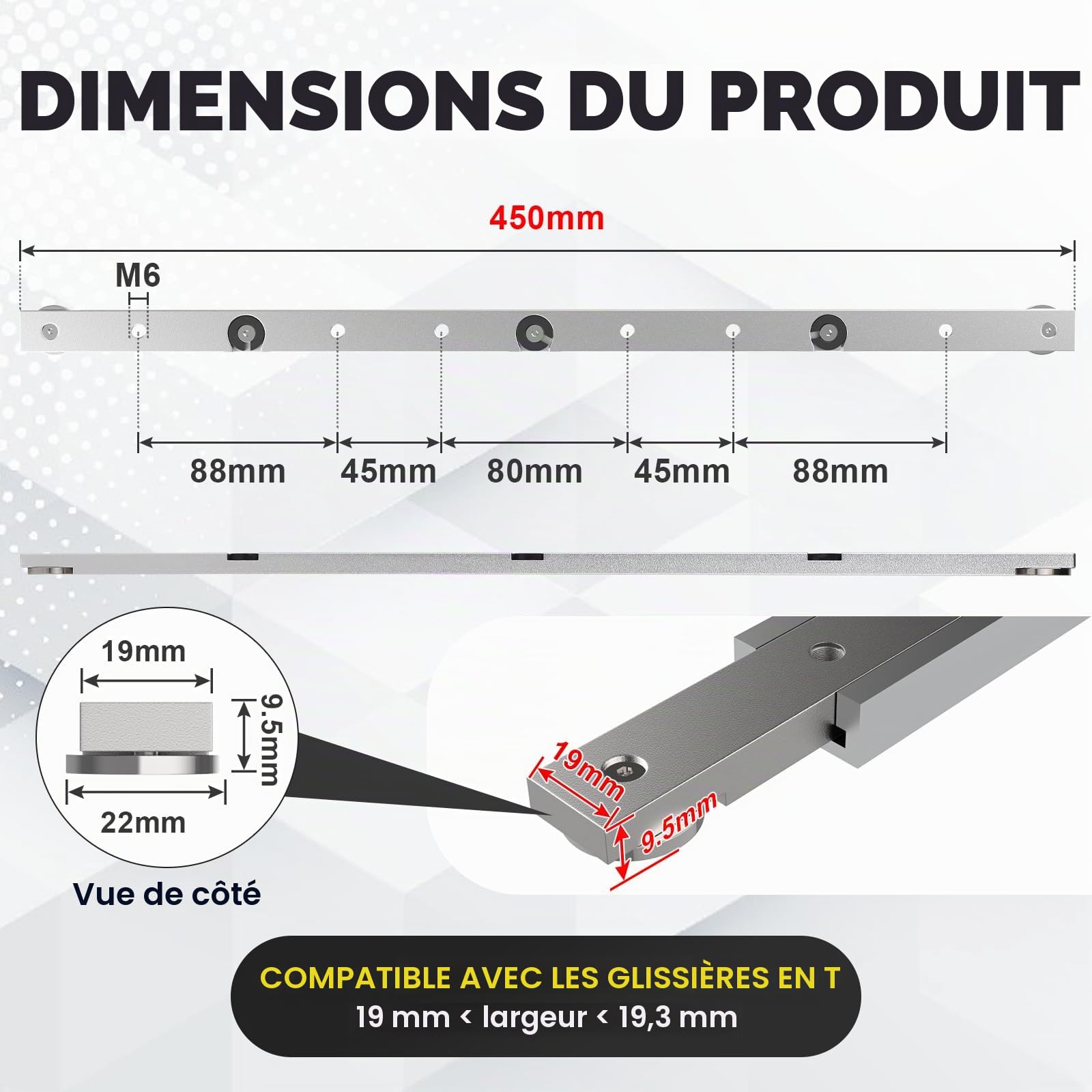 EFUTURETIME 2 x Barre Coulissante pour Glissière à Rainure en T, 9,5 x 19 x 450 mm, Coulisseau en Aluminium de Guide à Coupe d’Onglet pour Scie à Table, Perceuse de Table, Scie à Ruban, Menuiserie