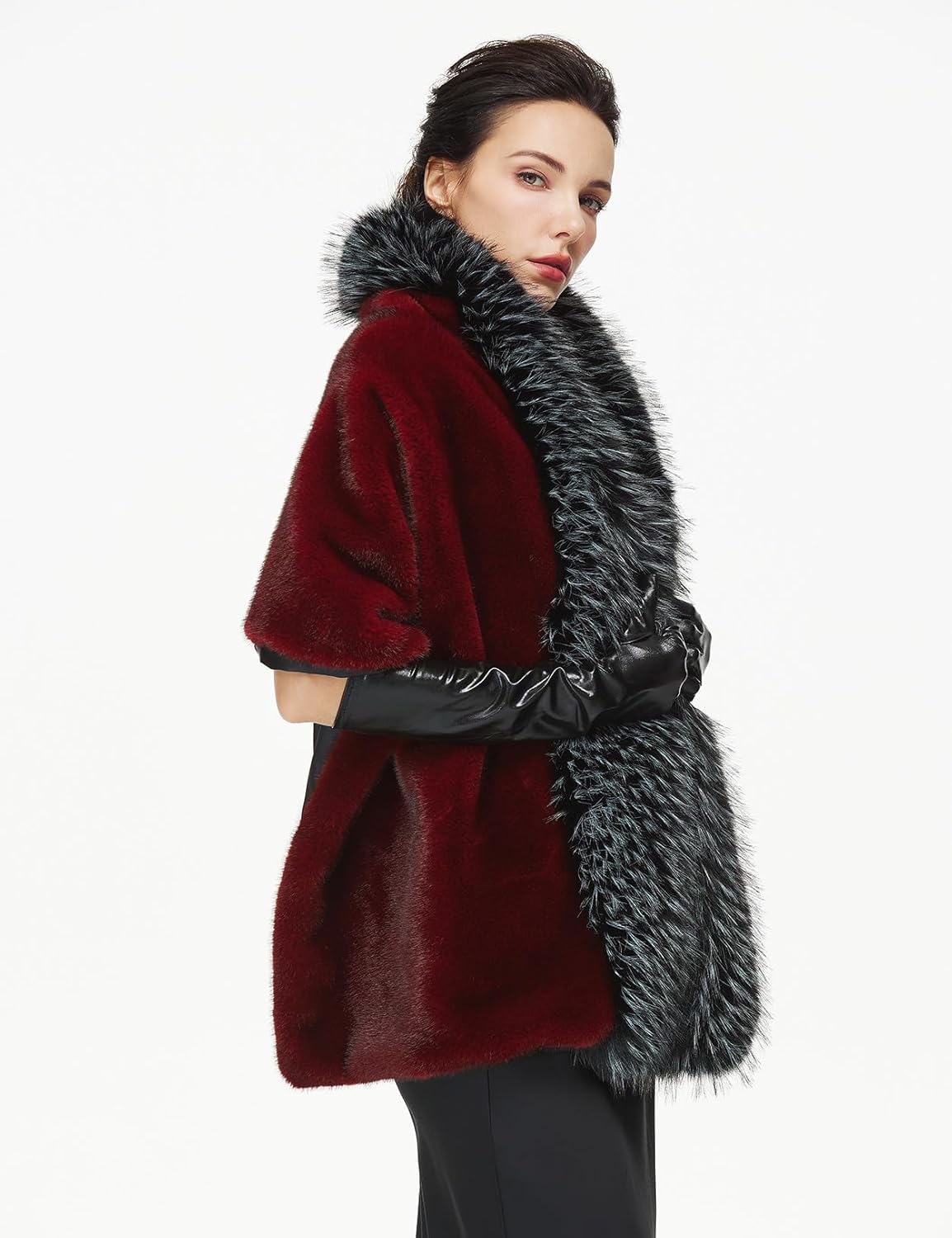 Women Faux Fur Shawl Wrap with Faux Fox Fur Trim Collar for Evening Dresses Wedding Party - Image 2