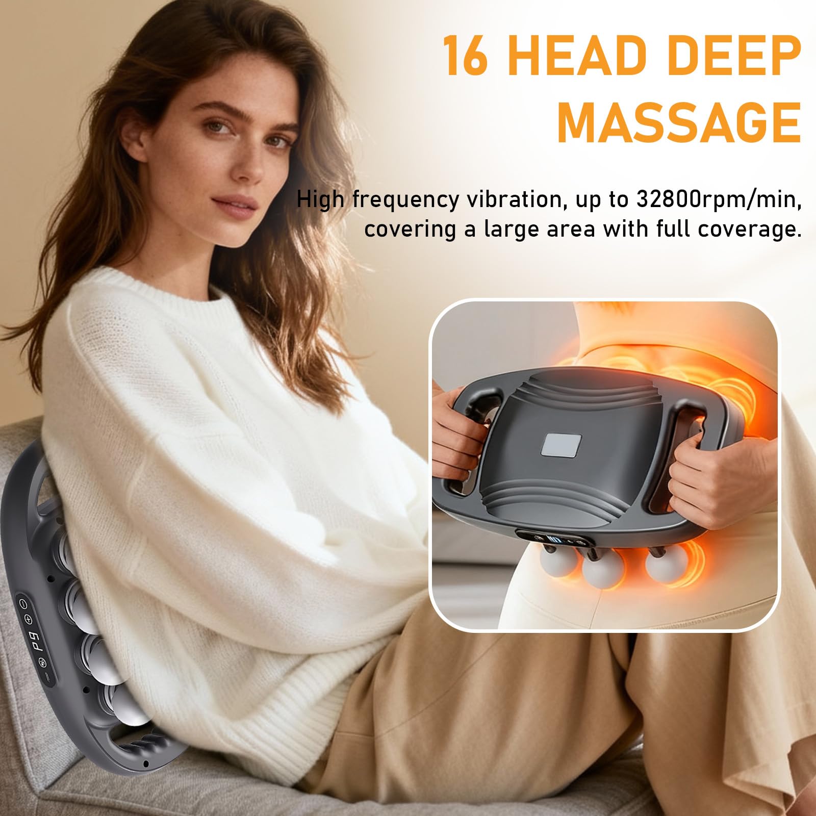 16-Head Massage Gun Deep Tissue Massager, Portable Back Massager with 9 Modes & 9 Intensities, 16-Head Wide Coverage, 50kg Deep Pressure, for Neck, Back, Shoulders, Legs (Basic) - 2