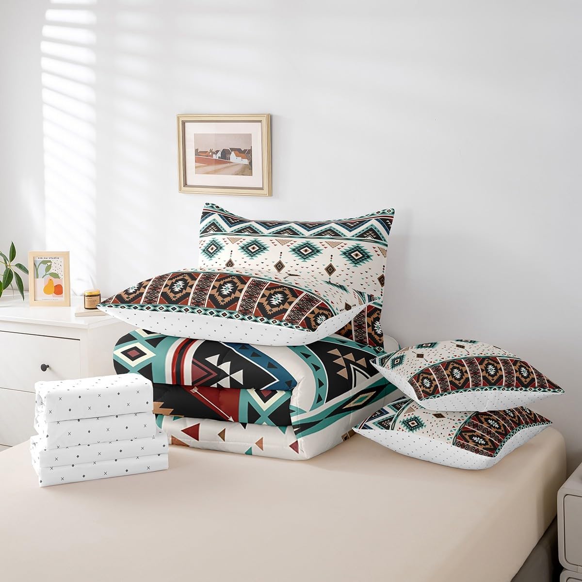 Feelyou Southwestern 7 Piece Bedding Set Twin Size Rustic Farmhouse Western Comforter Set with Sheets for Kids Adult Geometric Aztec Bed in a Bag Vintage Bohemian Bed Set