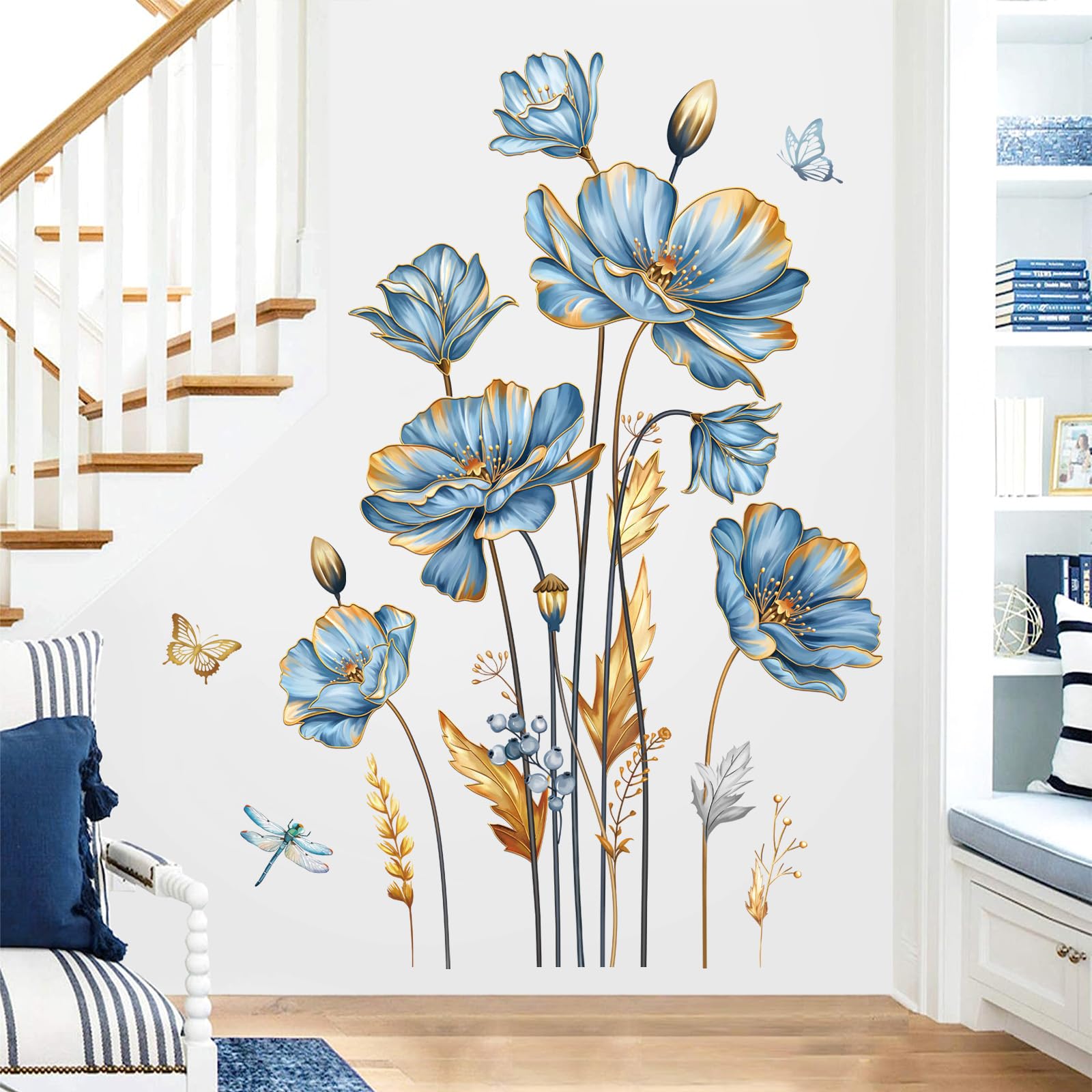 decalmile Large Blue Flower Wall Stickers Floral Butterfly Plants Gold Leaves Wall Decals Bedroom Living Room Sofa TV Background Wall Decor - Image 2