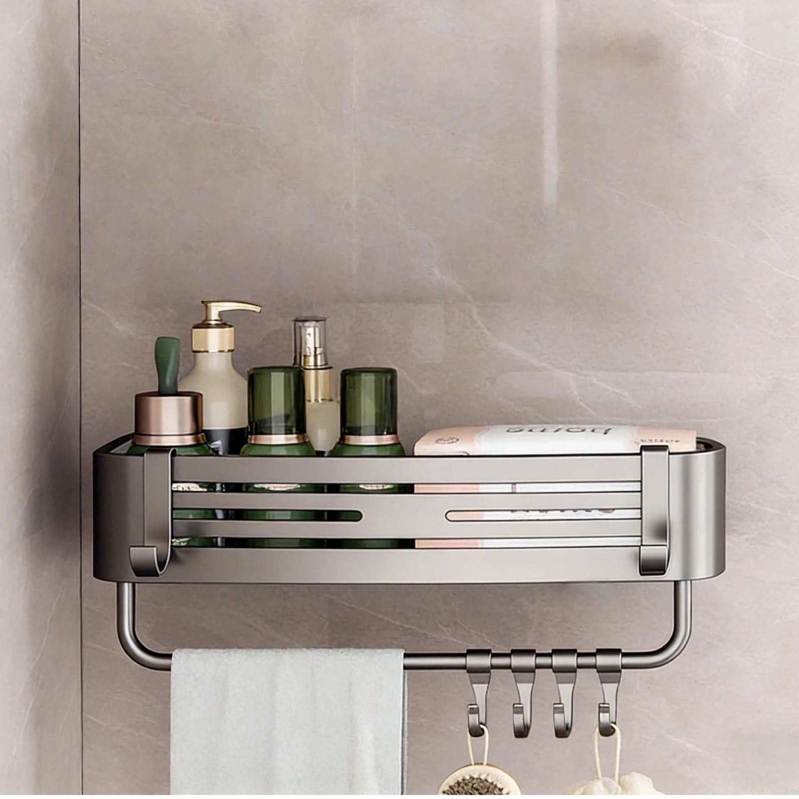 Corner Shower Shelf Caddy Suction Cup No Drill Hole with Towel Bar and Hook Single Layer Gray Bathroom