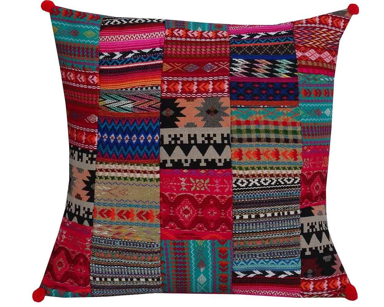 Indian Handmade Home Decorative Traditional Floor Pillow with Pom Pom Bohemian Cushion Cover 16"x16" 40cmx40cm