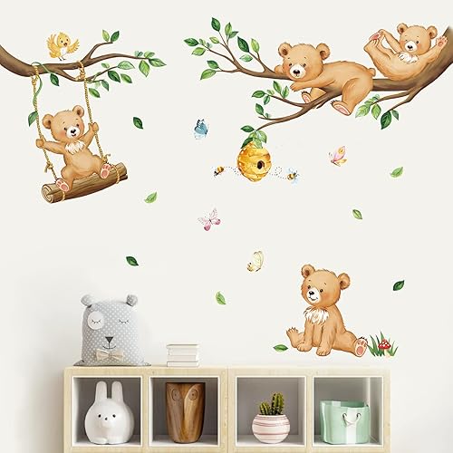 Miniatura 2 de decalmile Calcomanías de pared de oso de bosque, ramas de árbol de animales, calcomanías de pared para habitación de bebé, habitación de niños,