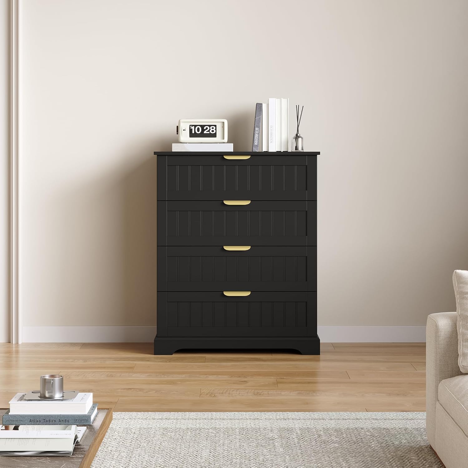 4 Wooden Drawer Dresser for Bedroom Storage, Modern Farmhouse Wood Chest of Drawers with Metal Handles, Wide Storage, Cabinet for Closet, Living Room, or Entryway Black - Image 7