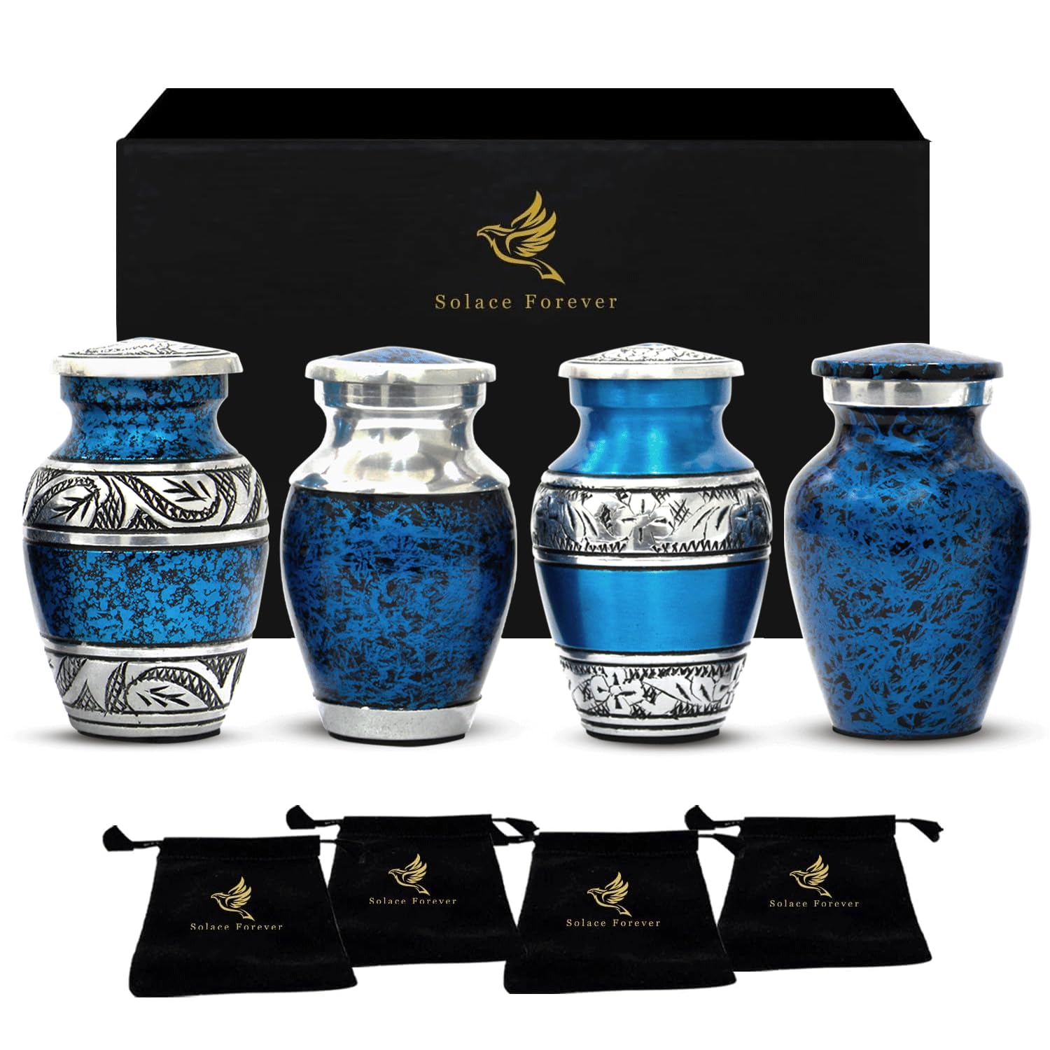 Graceful Small Urns for Human Ashes Keepsake – Elegant Cremation Urn – Tiny Urn Keepsakes for Women – Mini Urns for Ashes for Cherished Memories (Blue, Set of 4)