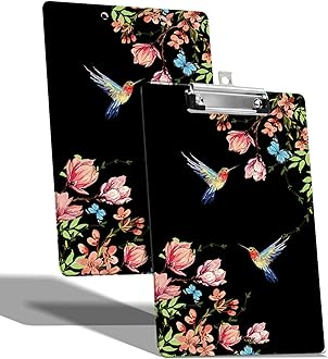 A4 Size Clipboard with Hanging Hook and Low Profile Clip, Plastic Nurse Clipboard Writing Drawing Board with Double-Sided Hummingbird Floral Sakura Print for Woman Kids Office School Use