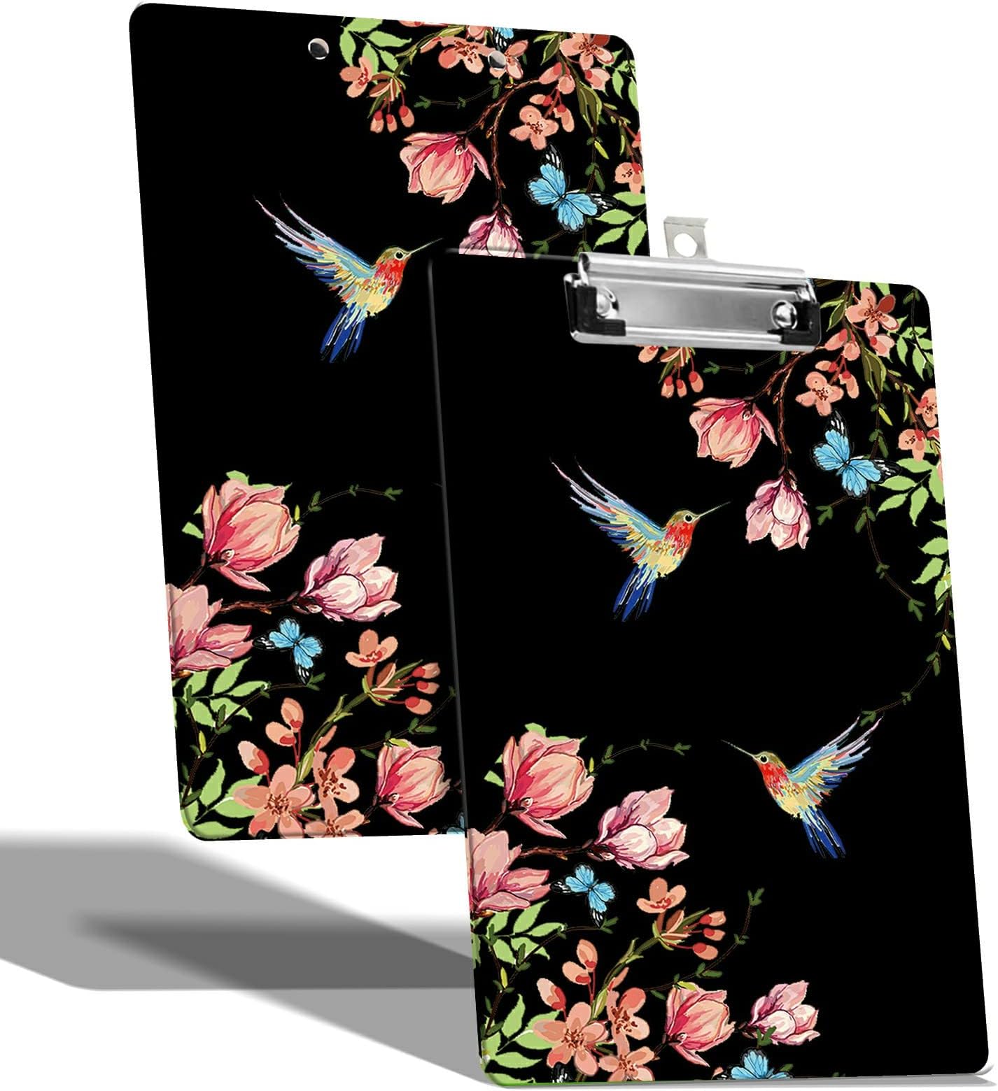 A4 Size Clipboard with Hanging Hook and Low Profile Clip, Plastic Nurse Clipboard Writing Drawing Board with Double-Sided Hummingbird Floral Sakura Print for Woman Kids Office School Use