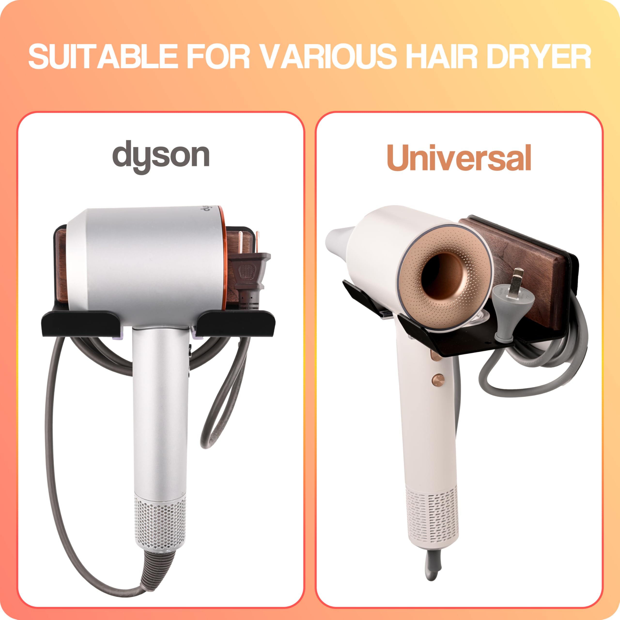 LalaDream Hair Dryer Holder Wooden Self Adhesive Hair Dryer Organizer Black Aluminum Blow Dryer Holder Rack for Dyson Supersonic Hair Dryer Universal Blow Dryer Holder with cable storage