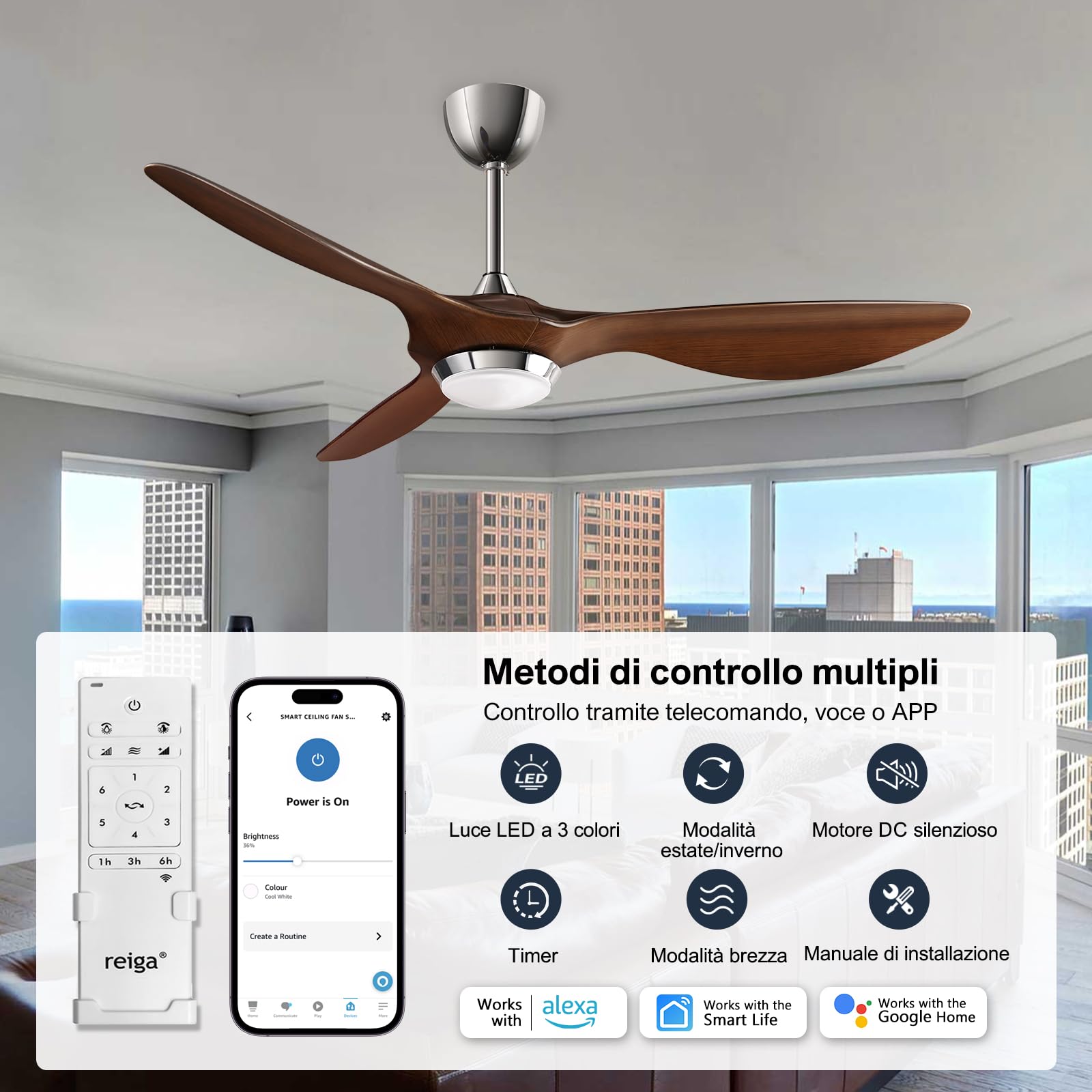 reiga 132cm Ventilatore da Soffitto con Lampada LED Dimmerabile, 3 Pale ABS, Telecomando, Motore CC Silenzioso, Inversione, 6 Velocità (Marrone-Scuro)