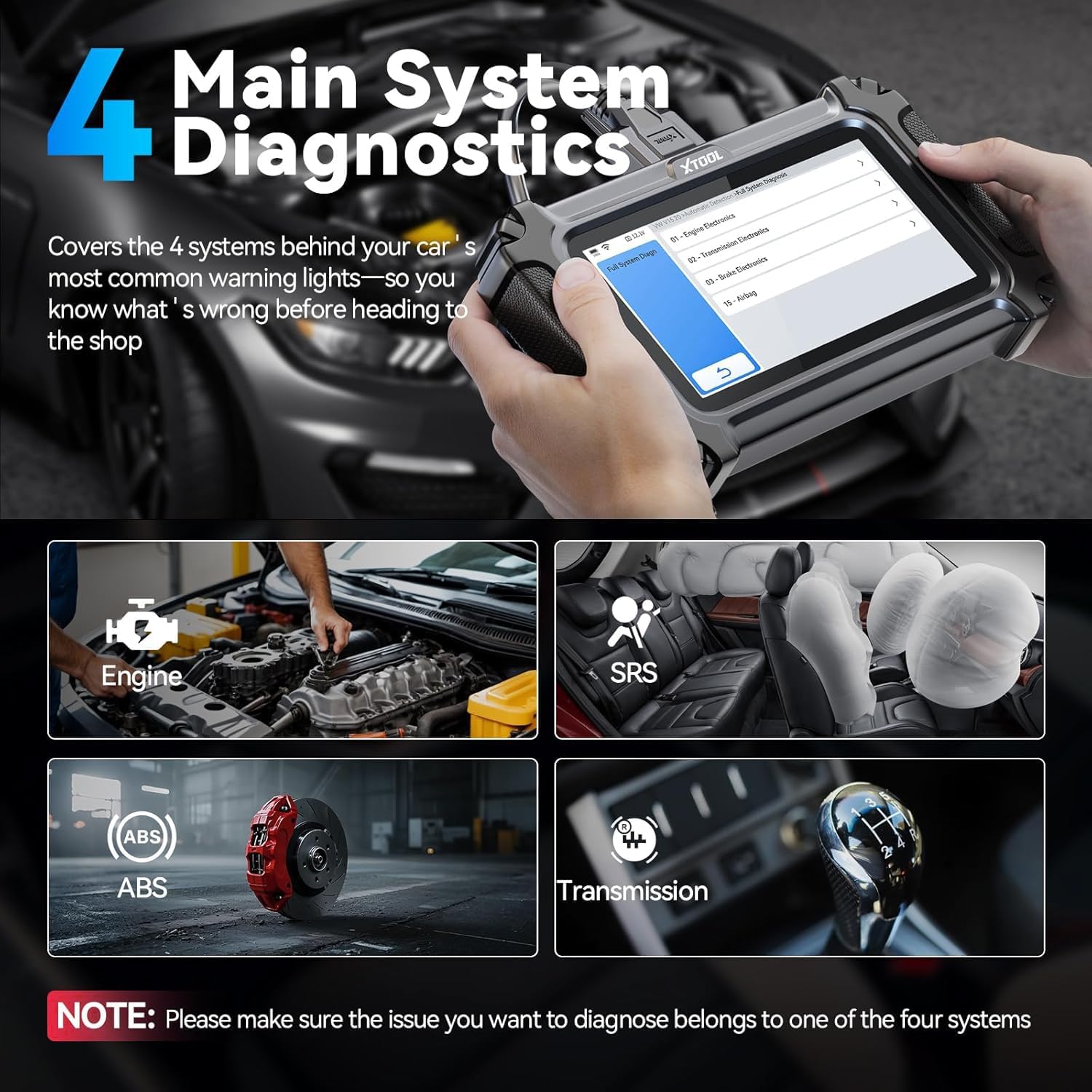 XTOOL D5S performing 4 main system diagnostics: Engine, SRS, ABS, Transmission