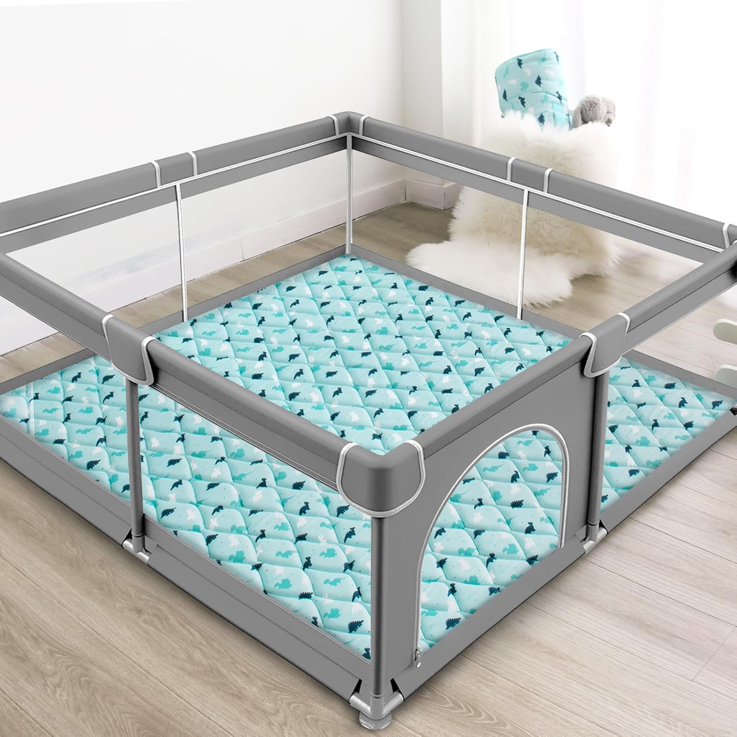 Foam Baby Play Mat 50" X 50", Play Mat for Babies and Toddlers Non Slip, Kids Playmat for Playpen, Thick One-Piece Crawling Mat, Easy Clean, Aqua Dinosaur