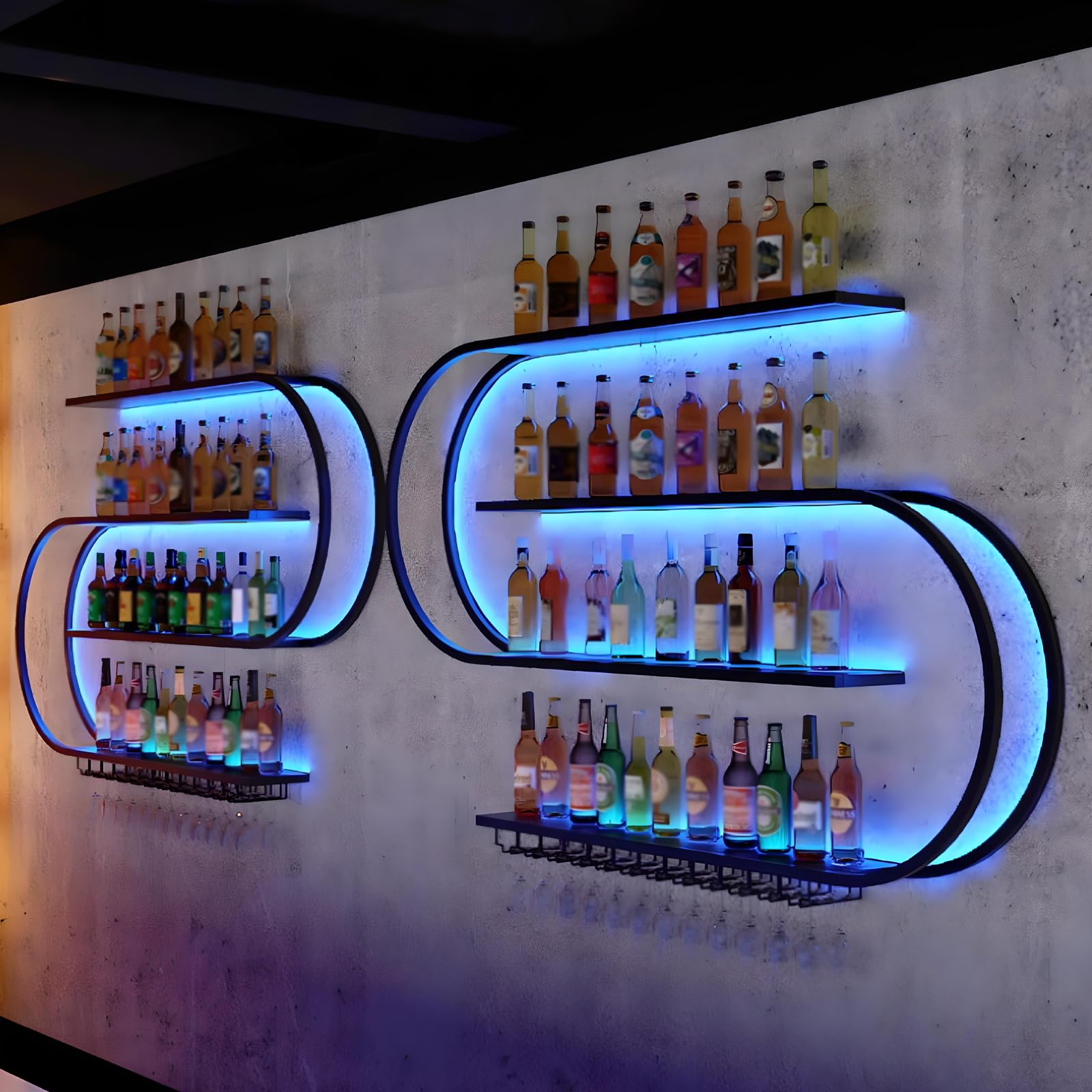 120cm Botellero de Pared, Botellero Semicircular Multicapa con Ganchos para Copas de Vino, Vino de Hierro Forjado, Apto para Cocina, Bar, Cafetería (Excluidas Las Bombillas) (BLACK, 121*20*120cm)
