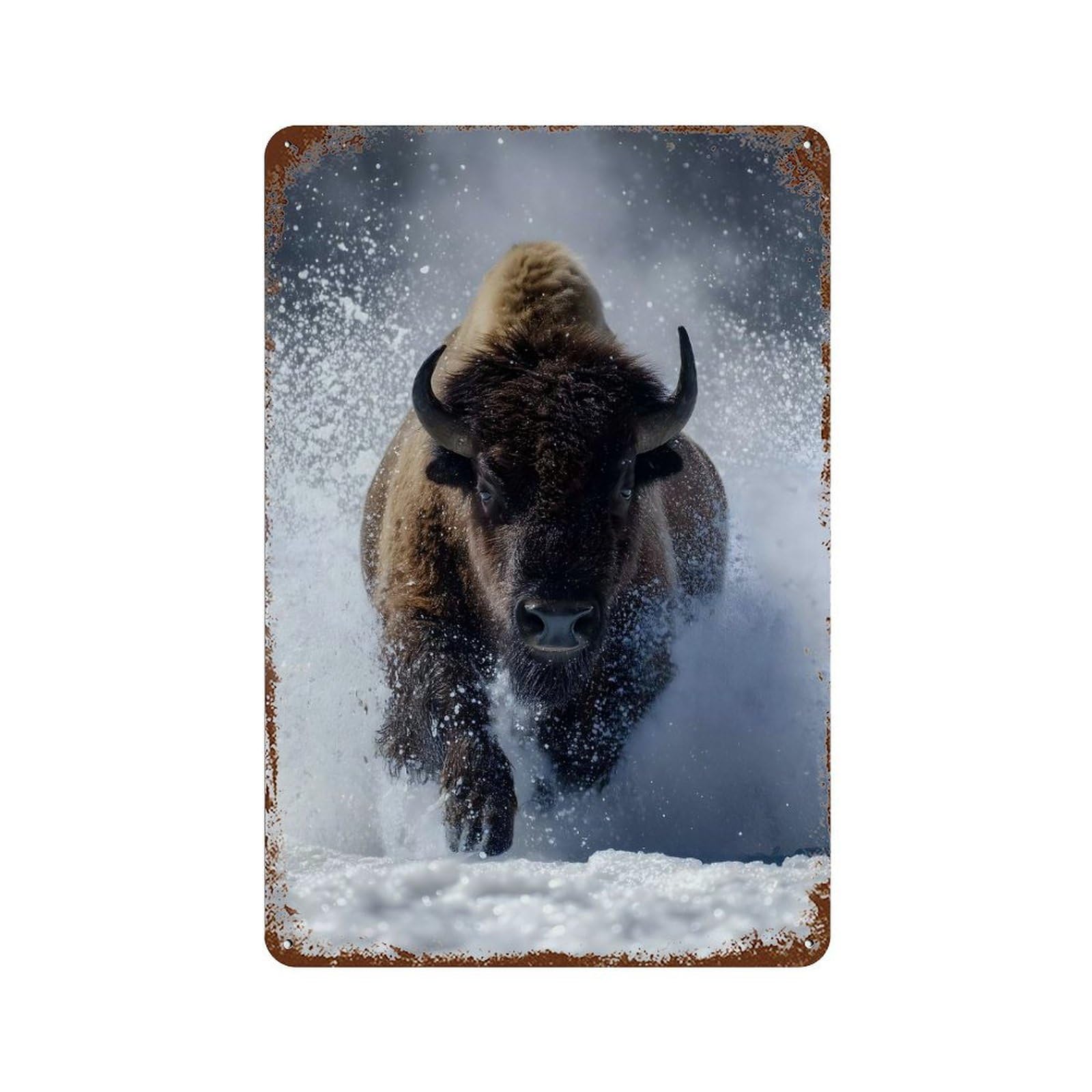 Rustic Tin Plaque Charging Bison in Snow 11.8"x7.9", Retro Wall Decor for Shed, Workshop And Garage Wall Decor