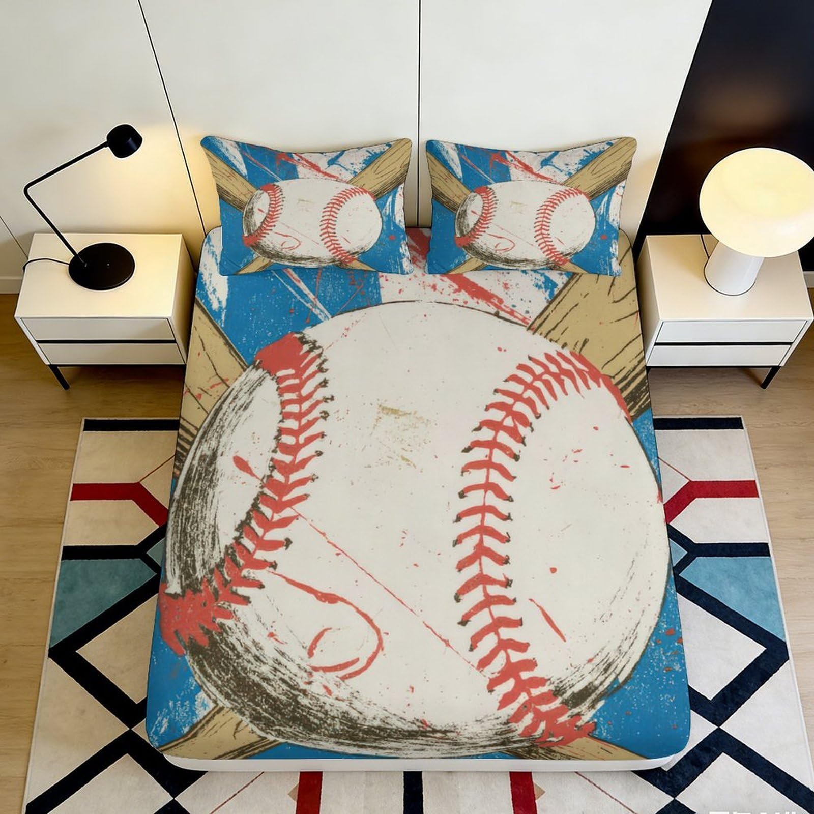 3D Printed Baseball Bat Fitted Sheet Microfiber Soft Breathable Sport Ball Bed Cover for Bedroom Guest Room Decor 180x200x25cm