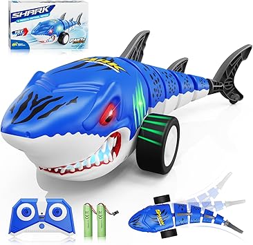 Remote Control Shark Toys, RC Shark Cars with Led Light, Rechargeable RC Robot Toy for Kids, 360° Rotating & Swinging Tail, Birthday Gifts for Girls Boys Age 3-5 5-7 8-10