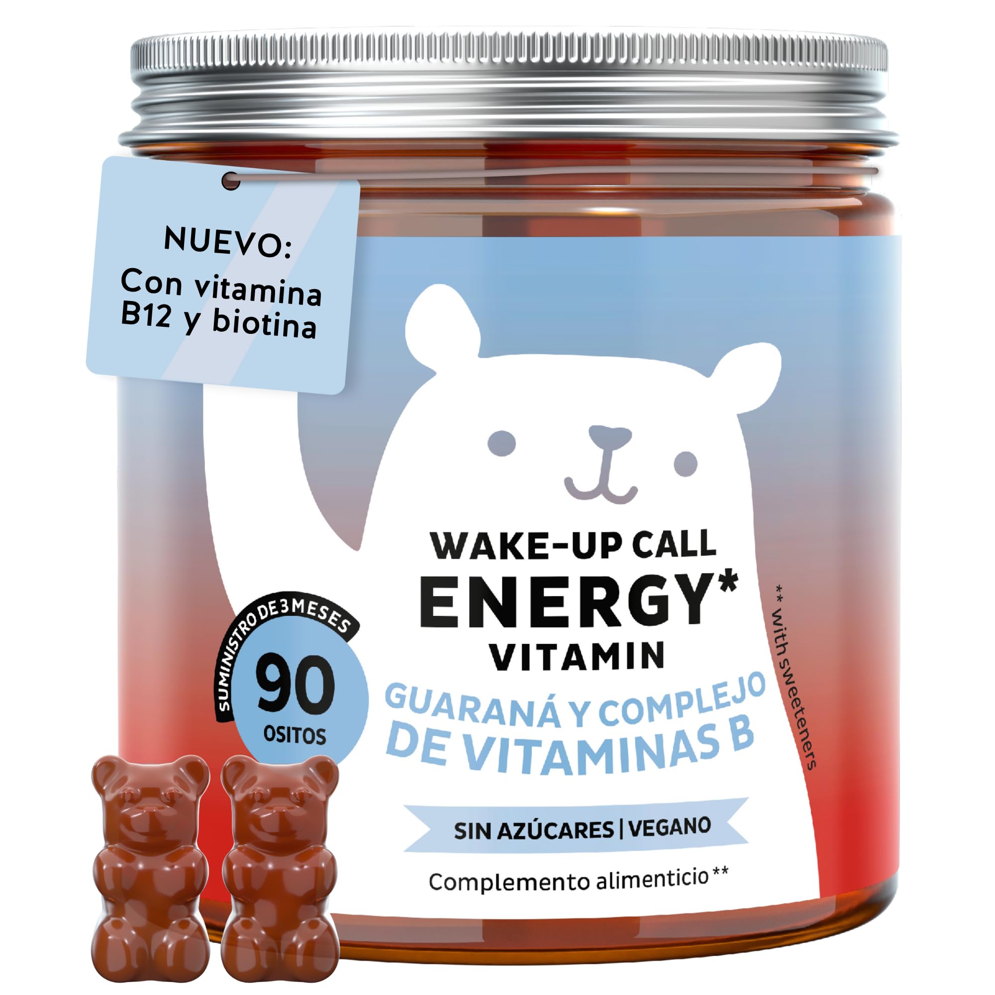 Wake Up Call Energy Vitamin - Soporte Natural de Energía con Guaraná 30 mg, Vitaminas B6, B12 y Biotina - 90 unidades (3 meses) - Sin Azúcar, Vegano - Bears with Benefits
