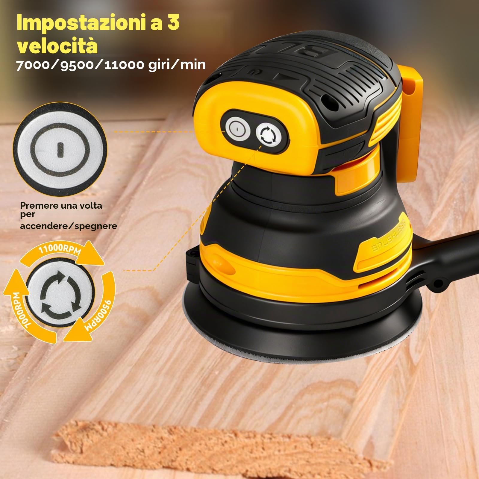 Smerigliatrice orbitale, smerigliatrice rotonda a batteria compatibile con batterie DEWALT da 18 V motore brushless, 11000 giri/min, con sacchetto per la polvere, aspirazione e 20 fogli abrasivi