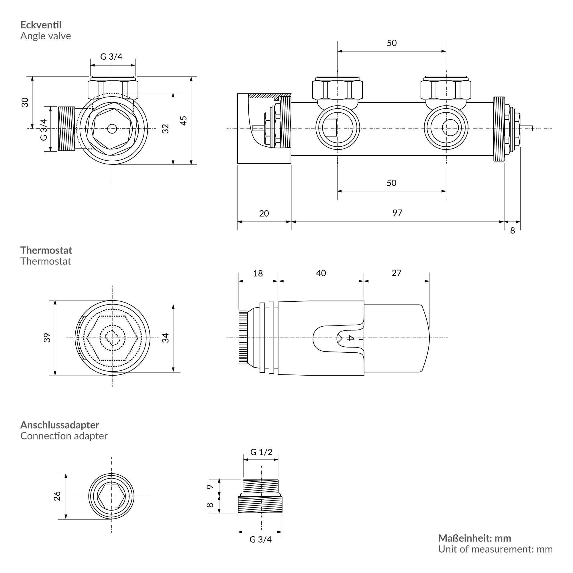 ECD Germany Valvola Termostatica Radiatore Set di Collegamento Termostato per Termosifoni e Scaldasalviette 50mm Bianco Collegamento Centrale a Muro Testa Termostatica Rubinetto Valvola per Radiatori