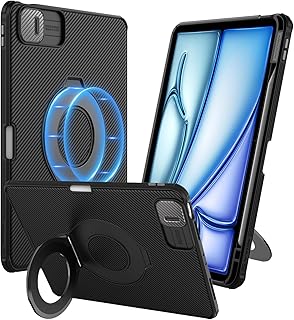 جراب حماية اي باد اير 11 بوصة M2 2024 واي باد برو 11 الجيل الثاني والثالث والرابع، اي باد اير الجيل الخامس والرابع مع حامل عمودي قابل للتعديل مع جذب مغناطيسي وحامل قلم غطاء كاميرا منزلق من نيلكن