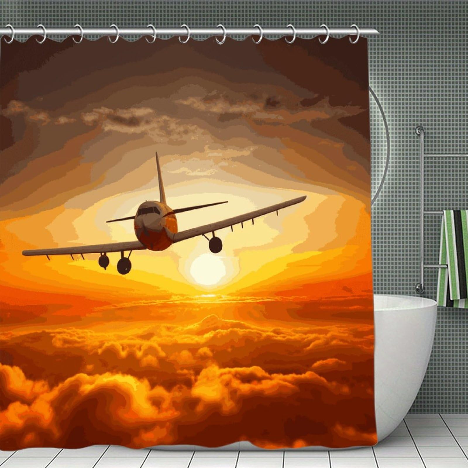 VstaDank Aircraft Plane at Sunset Shower Curtain 71x71 Heavy Duty Polyester Cloth Bath Curtain with Hooks Thick Waterproof Shower Liner Fun Magic Decorative Bathroom Curtains for Bathtub