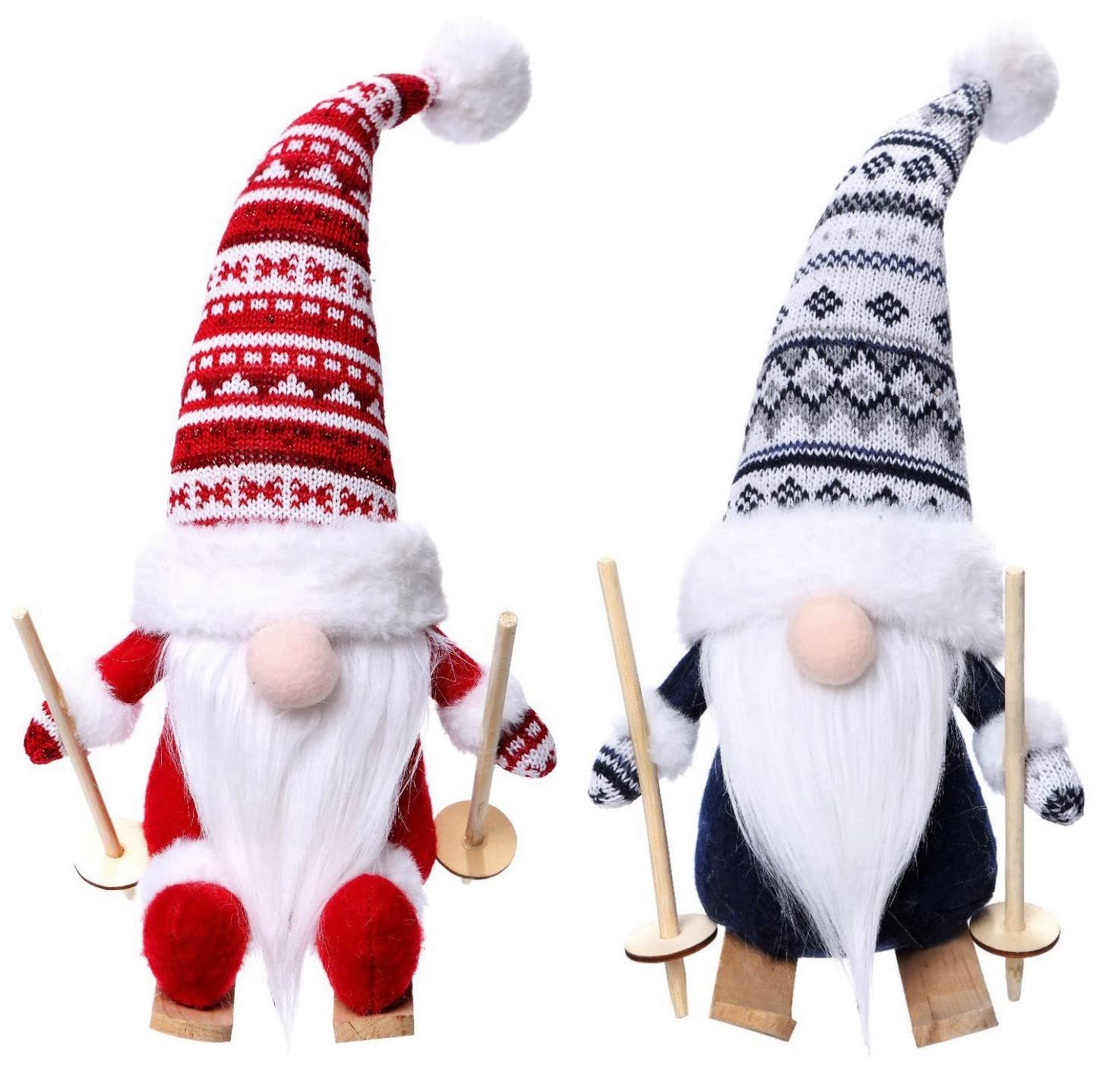Kaheign 2Pcs Christmas Skiing Gnomes, Handmade Knitted Gonk Plush Doll Swedish Gnomes Tomte Dwarf Elf With Wood Skis And Ski Poles For Xmas Fireplaces Office Christmas Party Decor (35Cm X 15Cm)