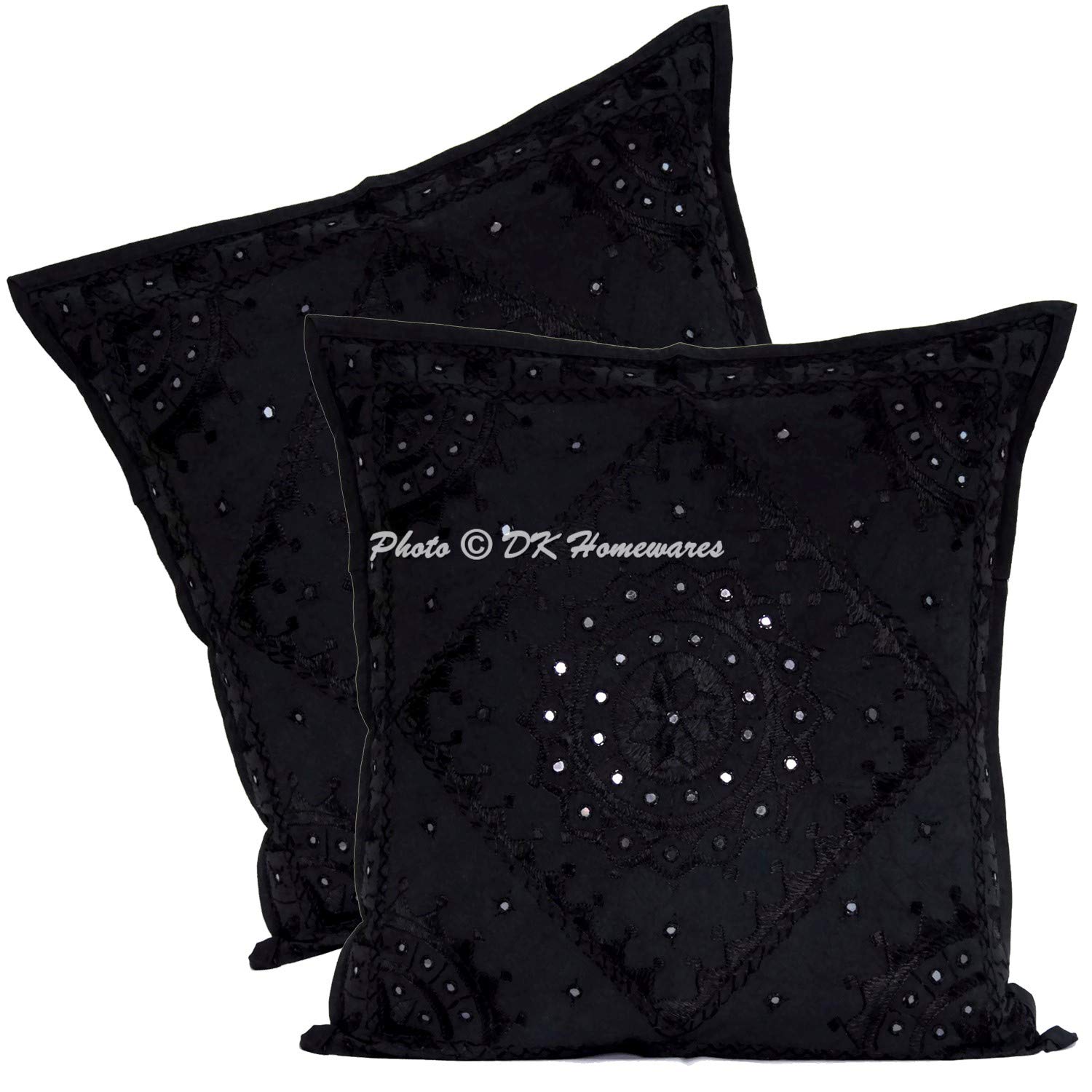 DK Homewares Indian Lounge Sofa 24 x 24 Cushion Covers Black 60 x 60 cm Mirrored Embroidered Ethnic Home Decoration Square Cotton Decorative Christmas Pillow Cases Set Of 2