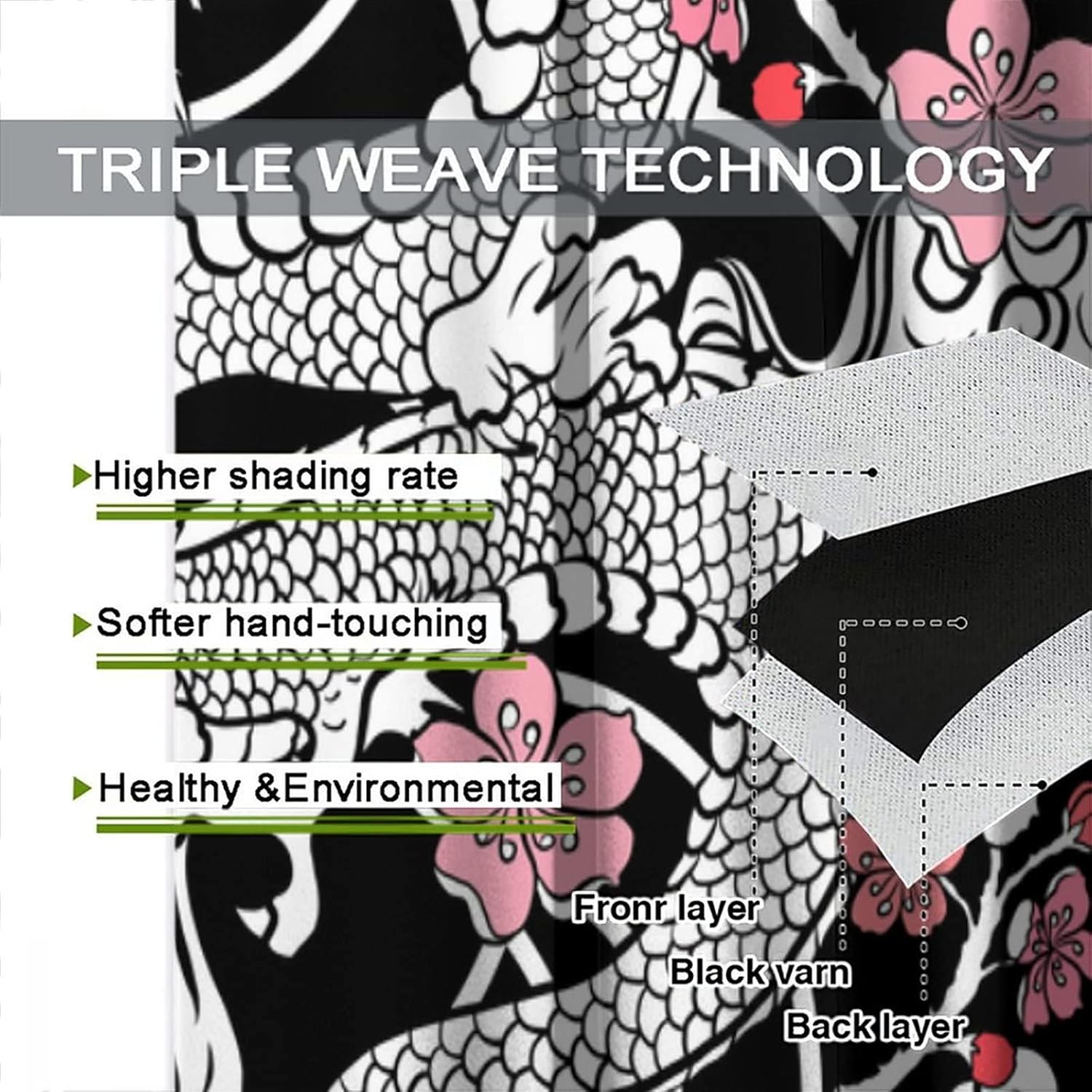 Chinese Dragon Blackout Curtains,Oriental Tradition Japanese Abstract Dragon with Peach Blossom Cloud Koi Fish Wave Print Window Drapes for Kids Boys Girls Teens Bedroom Living Room 42x45 Inch