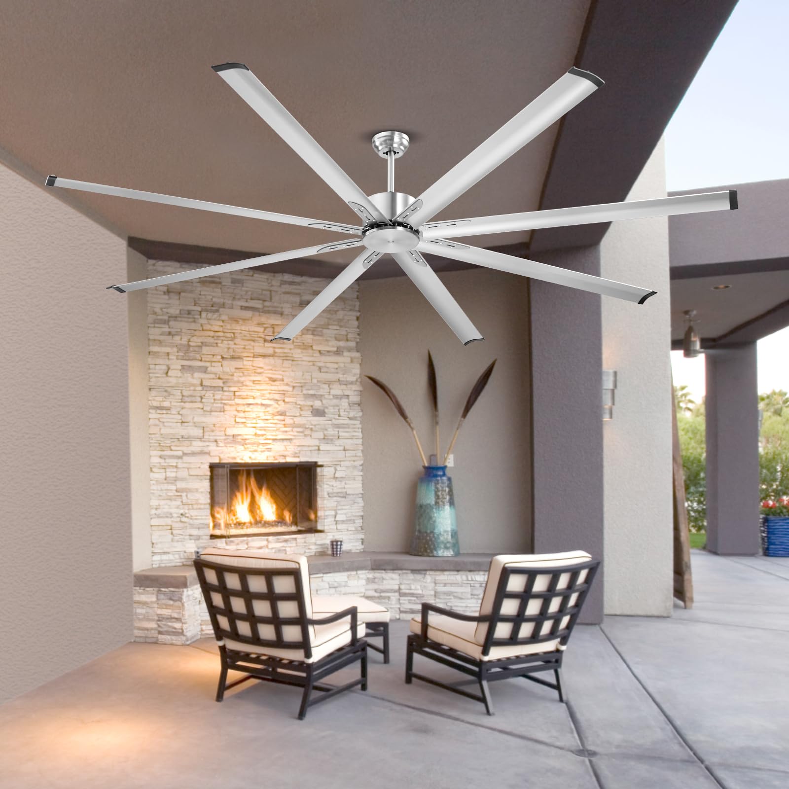 VEVOR Ventilador de Techo Moderno sin Luz 243 cm Mando a Distancia 6 Velocidades 8 Aspas Aluminio, Motor DC Reversible, para Dormitorio, Interior, Exterior, Níquel Cepillado, Φ 2430 x 705,8 mm