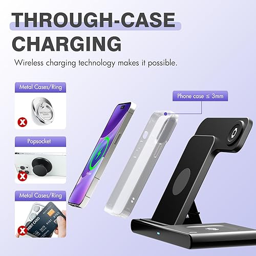 Miniatura 3 de Estación de carga inalámbrica de escritorio de viaje soporte de cargador 3 en 1, múltiples dispositivos compatibles con iPhone 16e 16 15 14 Pro Max