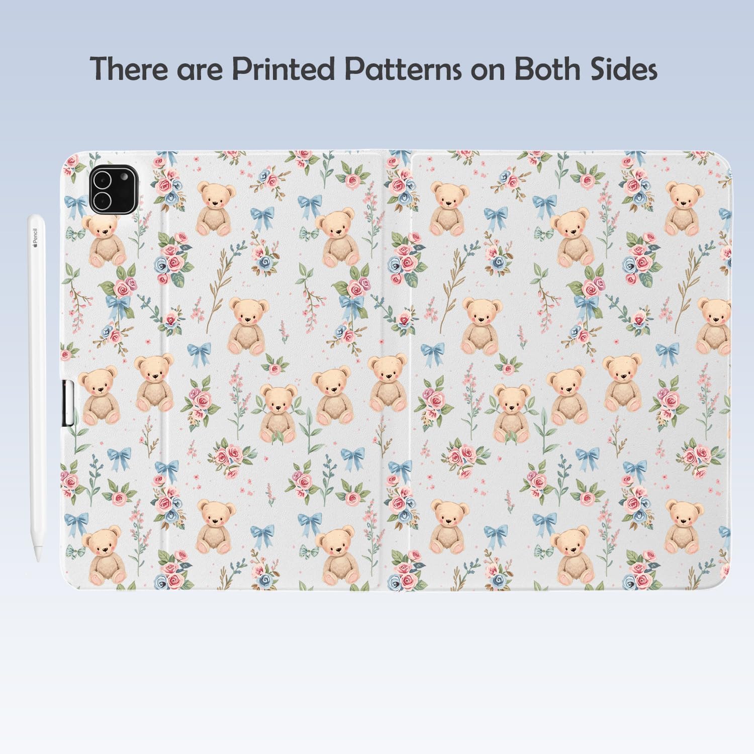 Cute Kawaii Bear Flower for iPad (A16) Case 11th/10th Generation 11''/10.9'' 2025/2022 with Pencil Holder, Auto Sleep/Wake and Multiple Viewing Angles, White Leather Soft TPU Back Cover