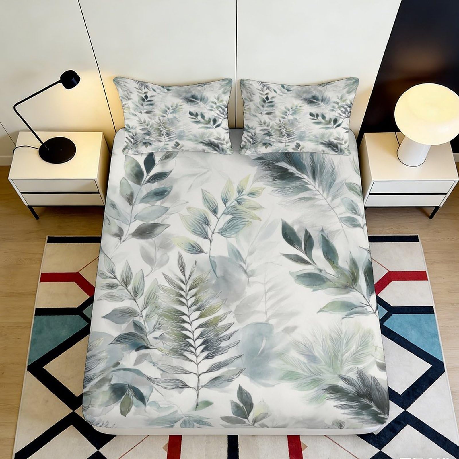 3D Printed Botanical Leaf Fitted Sheet Microfiber Soft Green Watercolor Mattress Cover for Bedroom Guest Room Decor 90x200x25cm