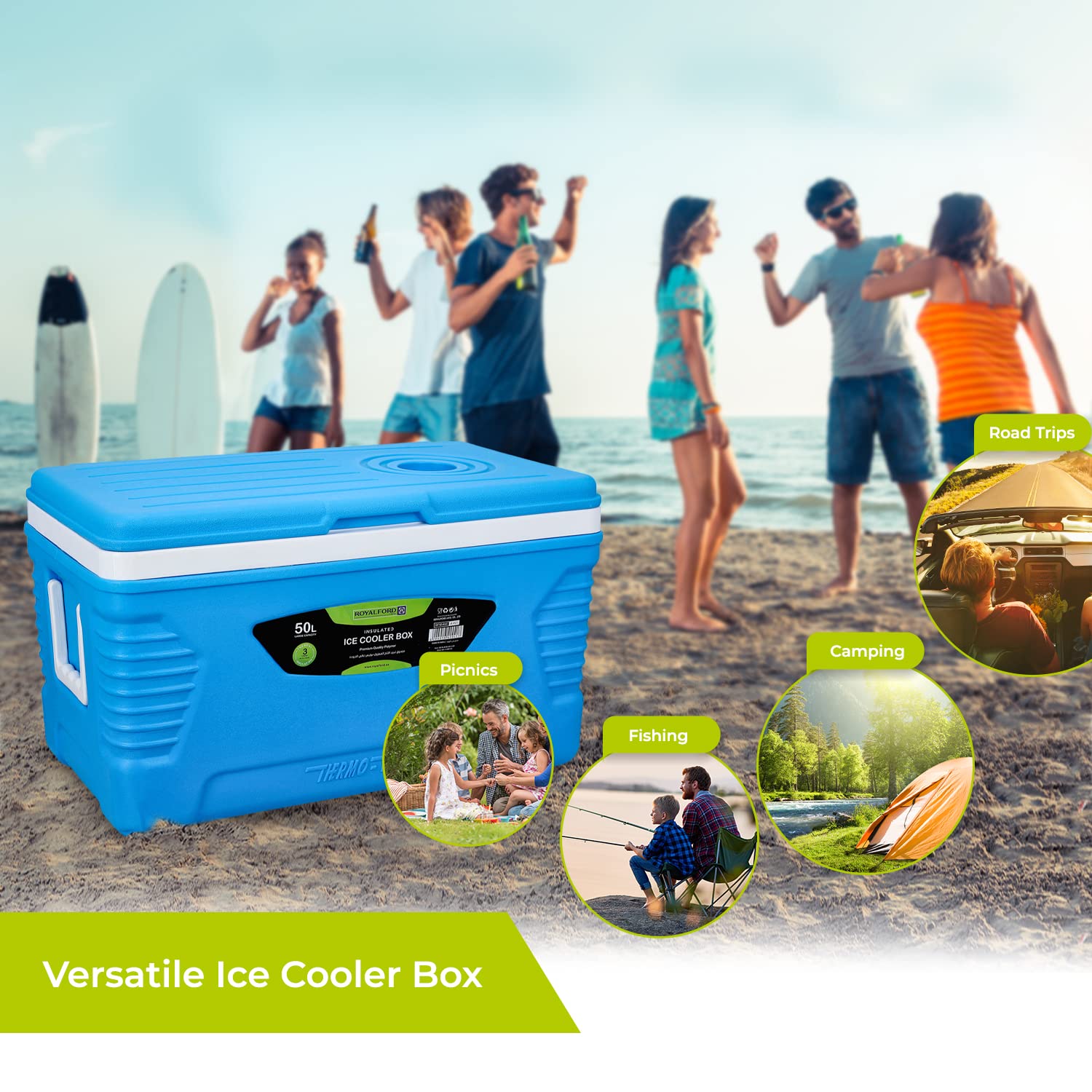 Royalford Insulated Cooler Box - Hot/Cold Freezer Box with Integrated Lock Lid and Carry Handle - Ideal for Beach and Picnic — view 6