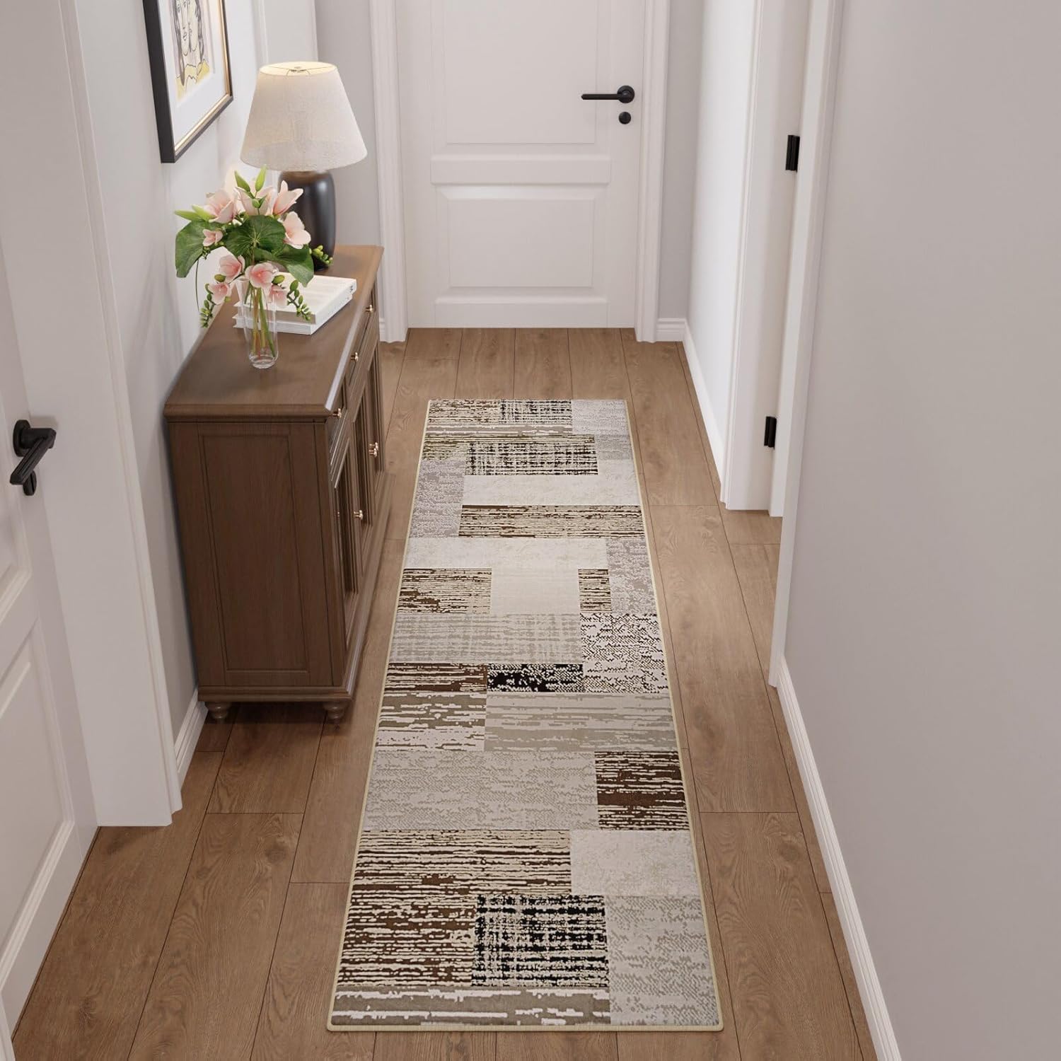 FlyDOIT Modern Geometric Patchwork Area Rug, 2x6 Beige Runner Rugs for Living Room, Rockwood Collection Indoor Rugs for Bedroom, Throw Carpet Floor Decor for Entryway Dining Room Office Nursery