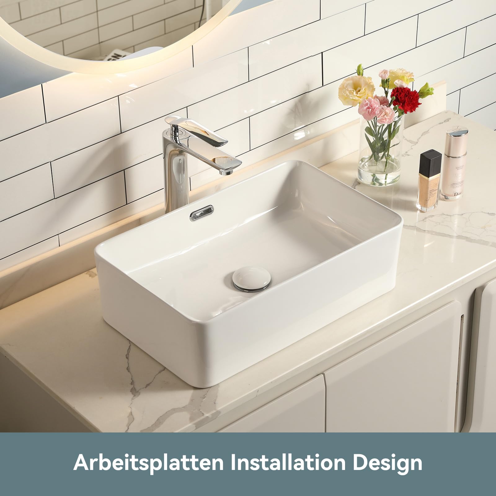 Lavabo à poser, en céramique, rectangulaire, à bord fin, pour invités, blanc, avec valve de vidange pop-up, avec trop-plein, 48 × 31,5 × 14 cm